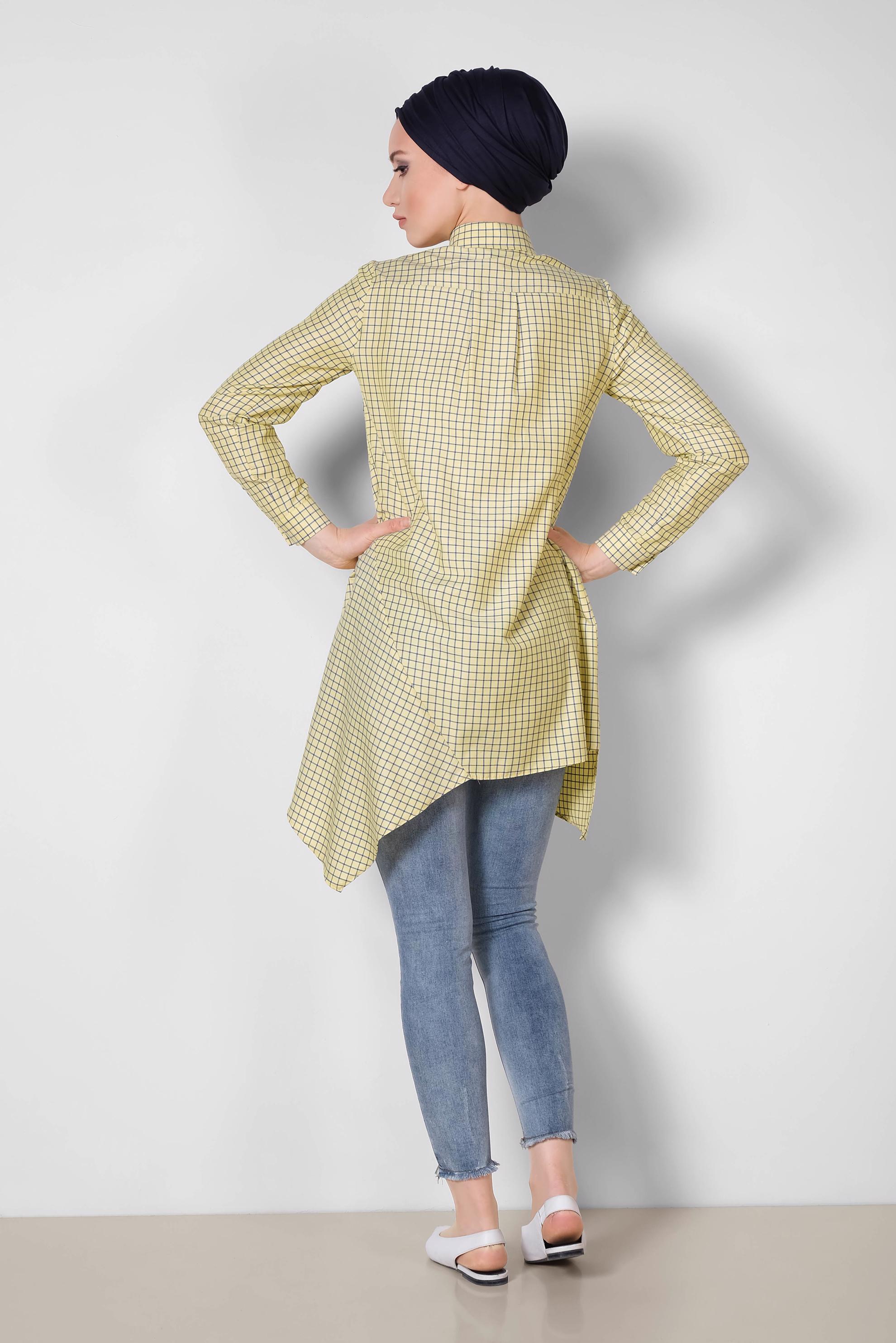 Tesettür giyim SARI ARMA DETAYLI KARELİ TUNİK 4011