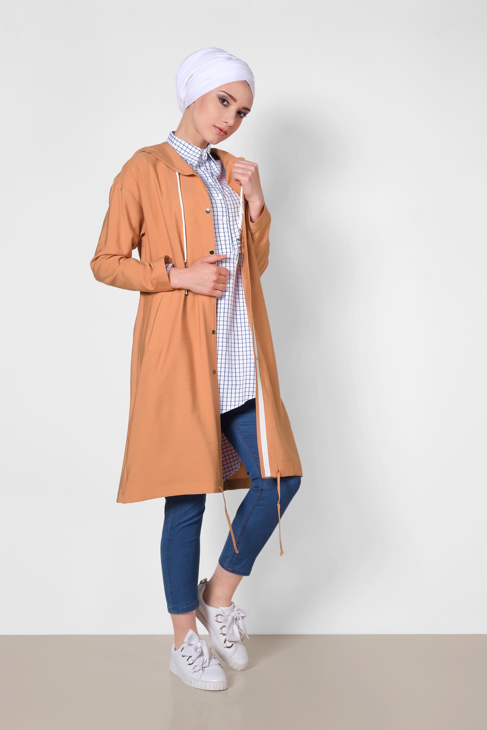 Tesettür giyim EKRU ARMA DETAYLI KARELİ TUNİK 4011