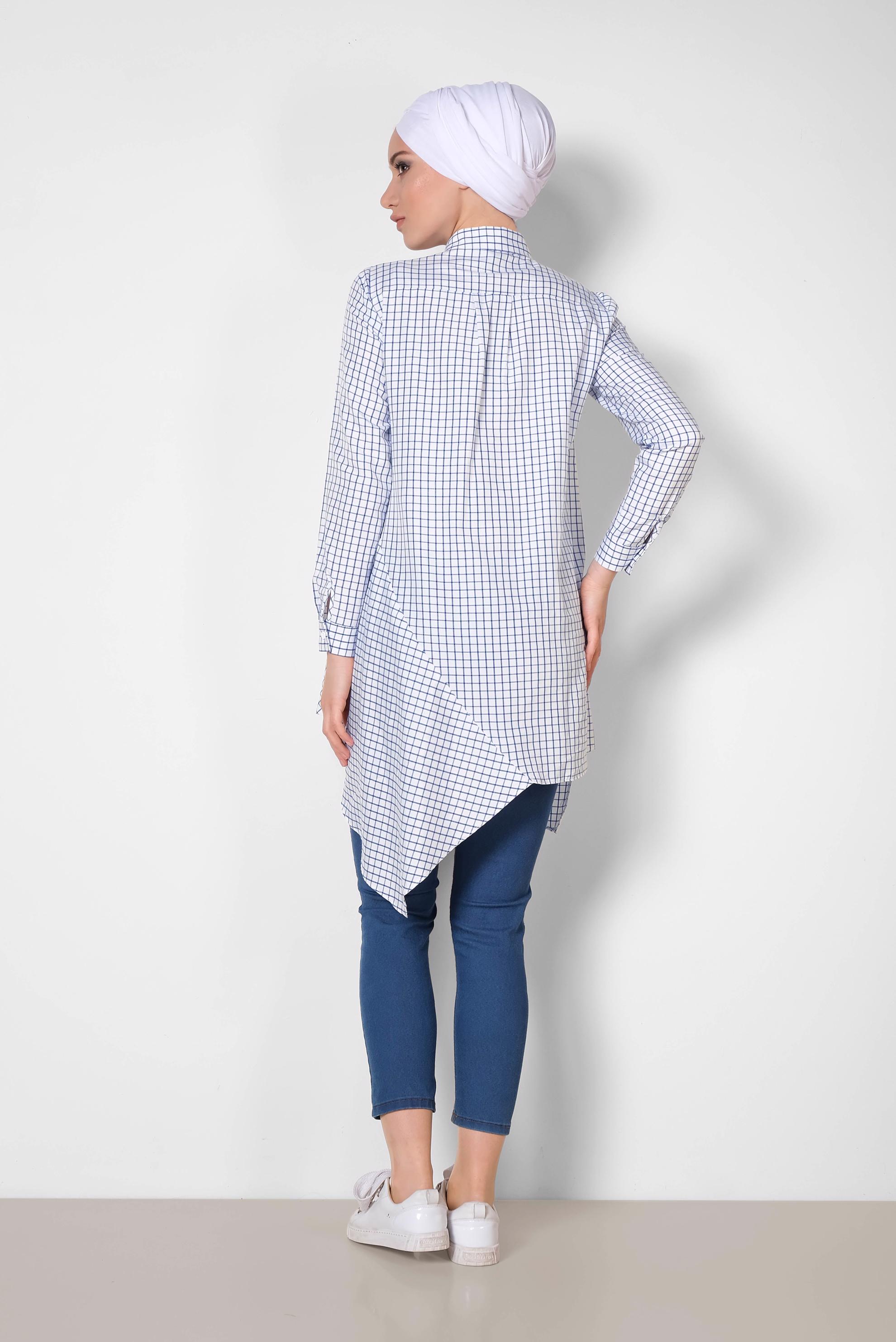 Tesettür giyim EKRU ARMA DETAYLI KARELİ TUNİK 4011