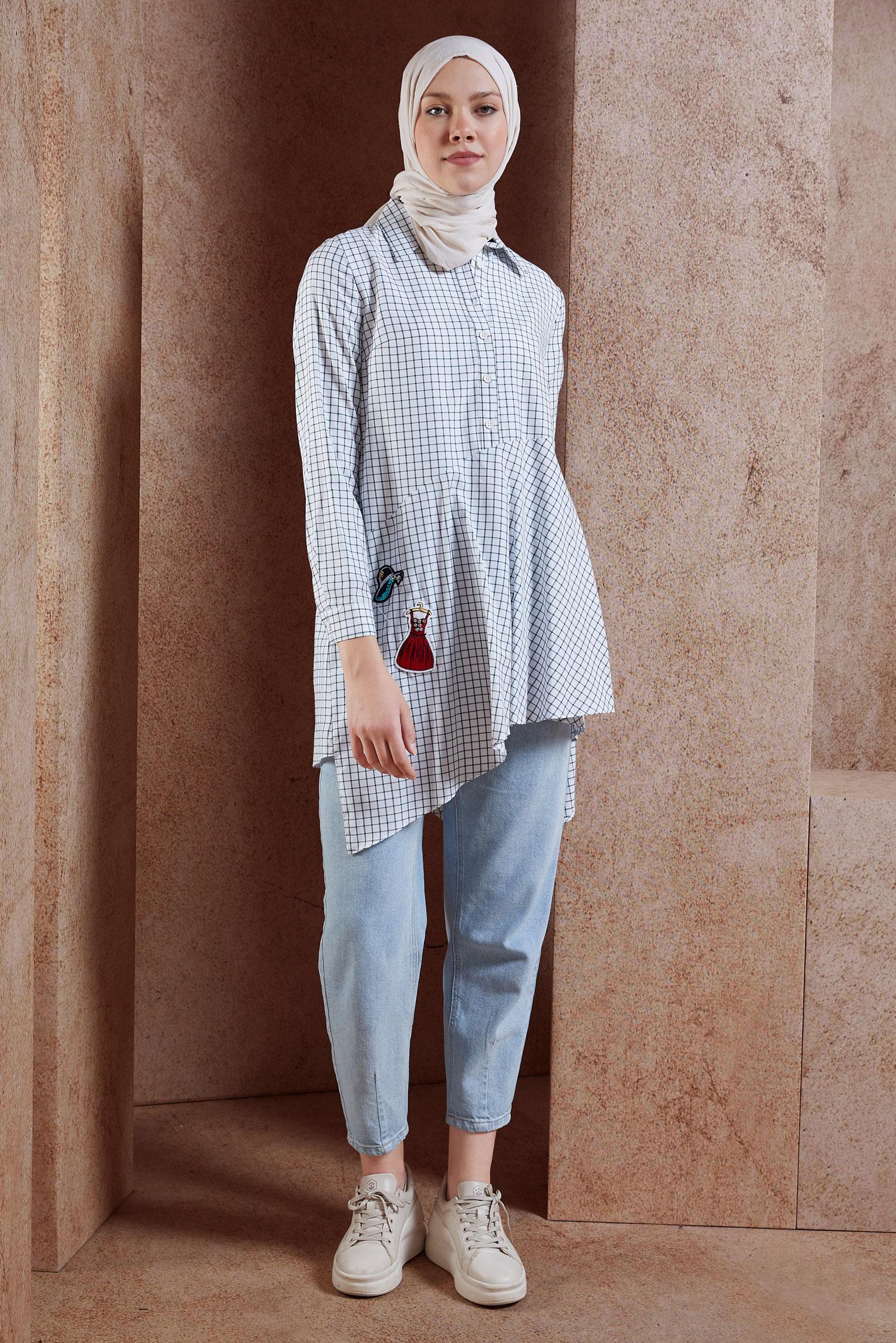 Hijab clothing ECRU CRESTED CHECKED TUNIC 4011