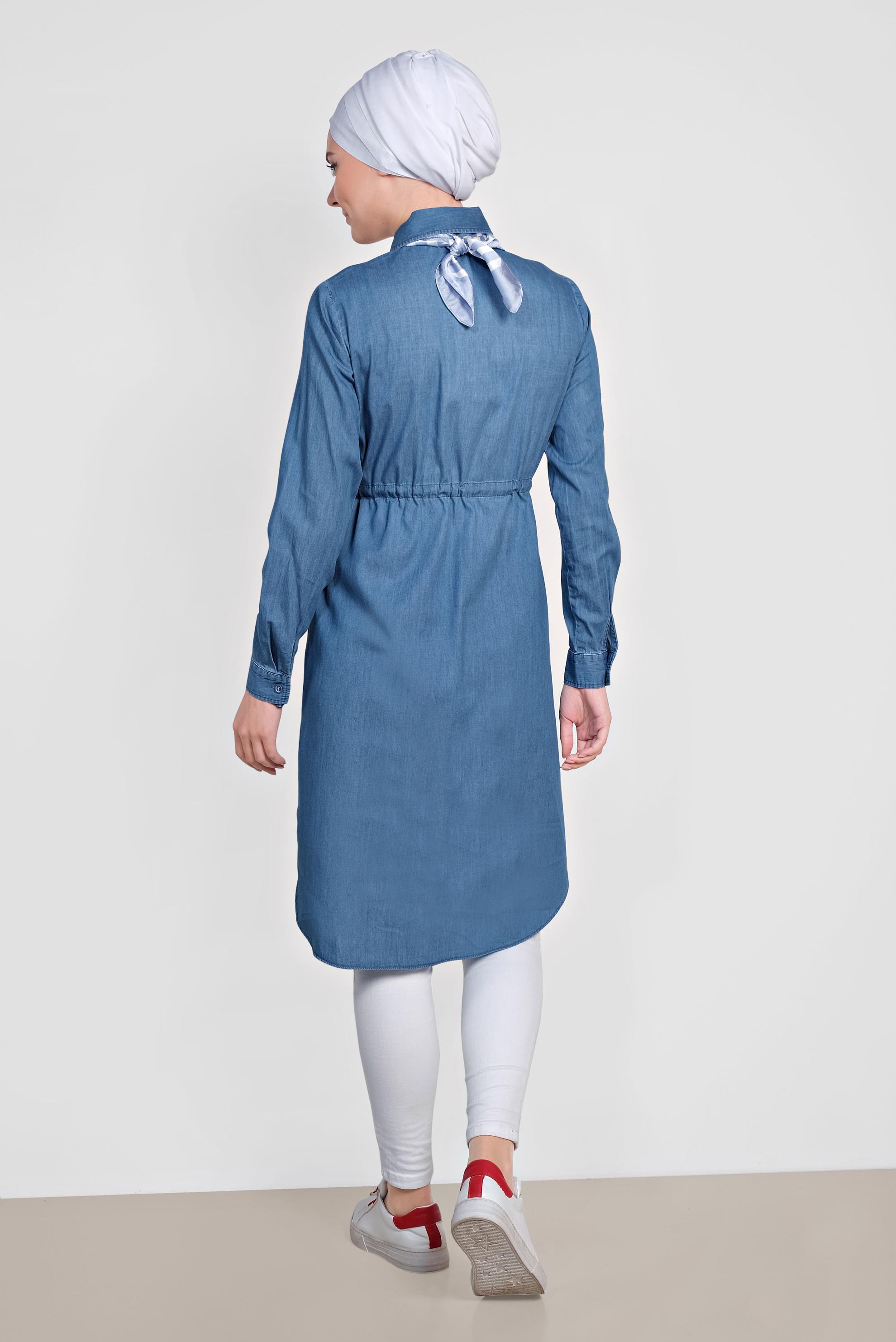 Tesettür giyim MAVİ BELİ BÜZGÜLÜ DÜĞMELİ KOT TUNİK 4024 