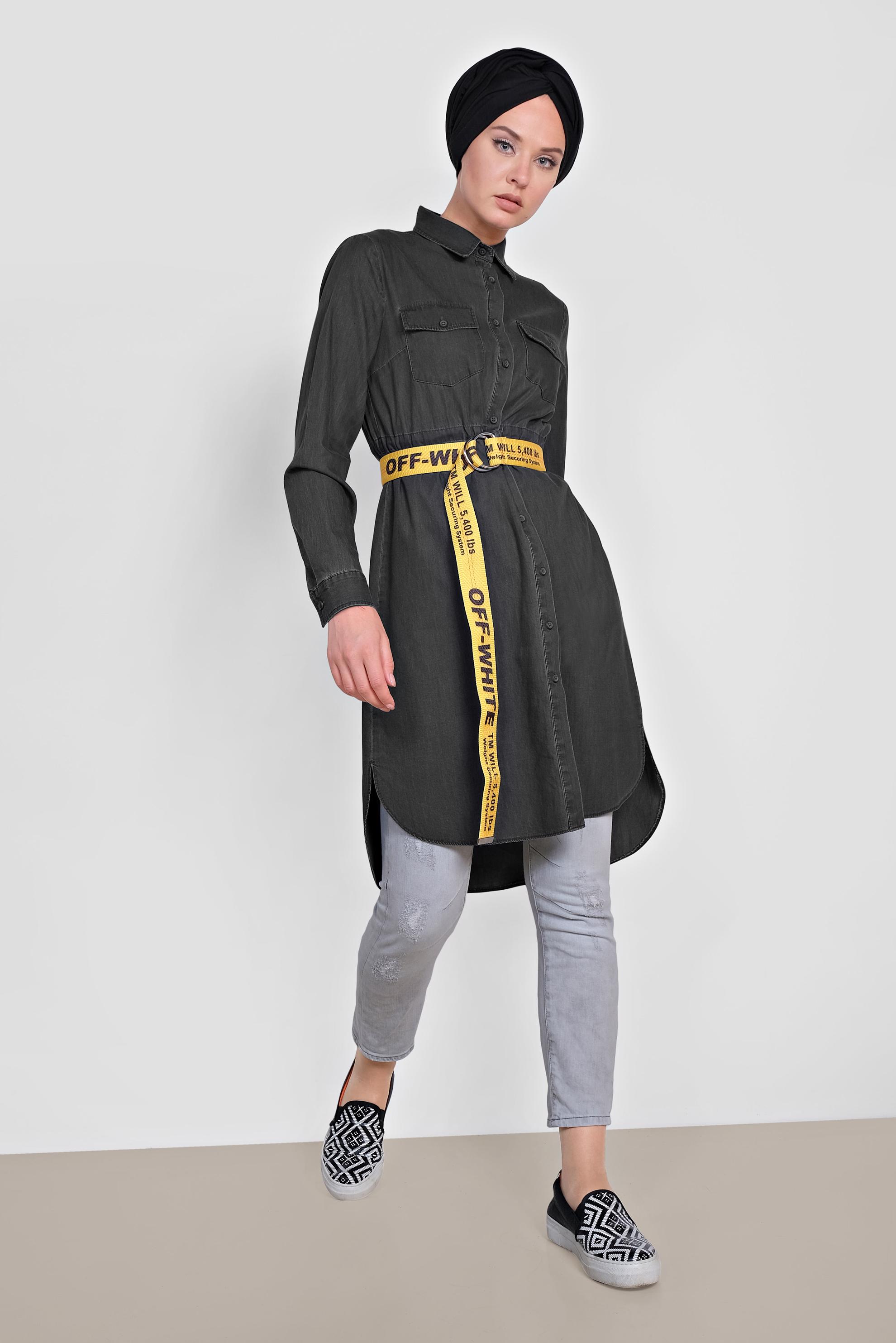 Tesettür giyim GRİ BELİ BÜZGÜLÜ DÜĞMELİ KOT TUNİK 4024 