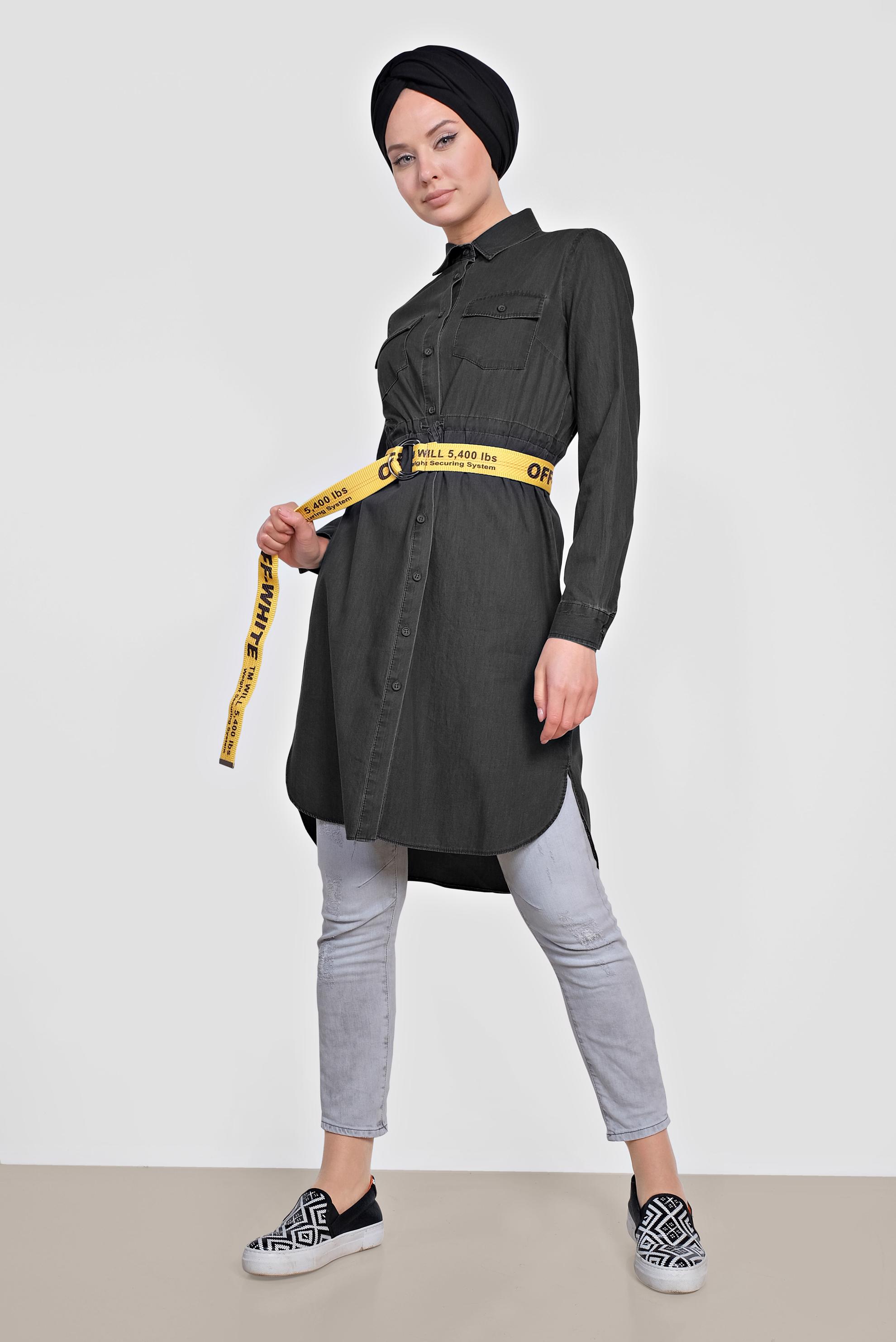 Tesettür giyim GRİ BELİ BÜZGÜLÜ DÜĞMELİ KOT TUNİK 4024 