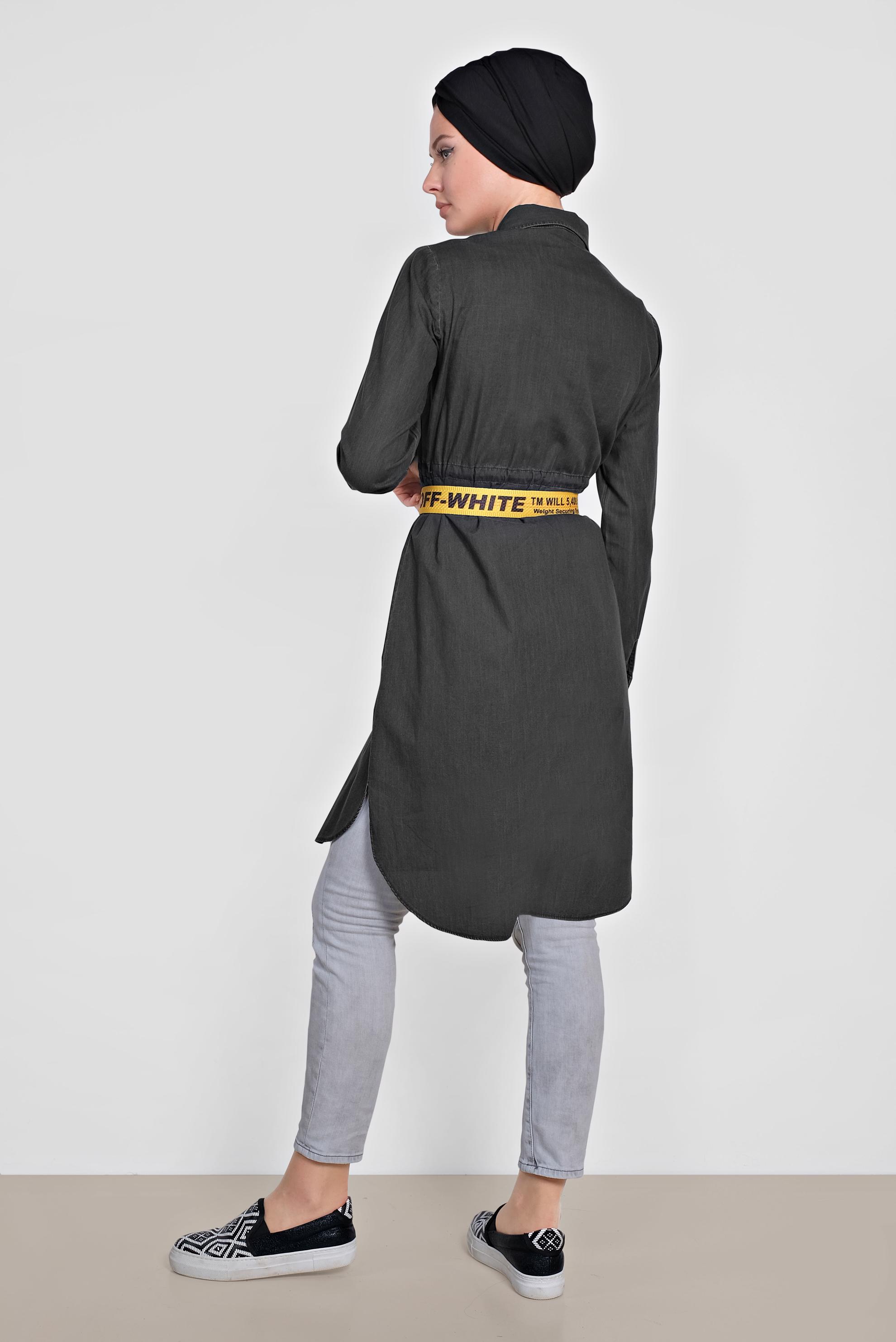 Tesettür giyim GRİ BELİ BÜZGÜLÜ DÜĞMELİ KOT TUNİK 4024 