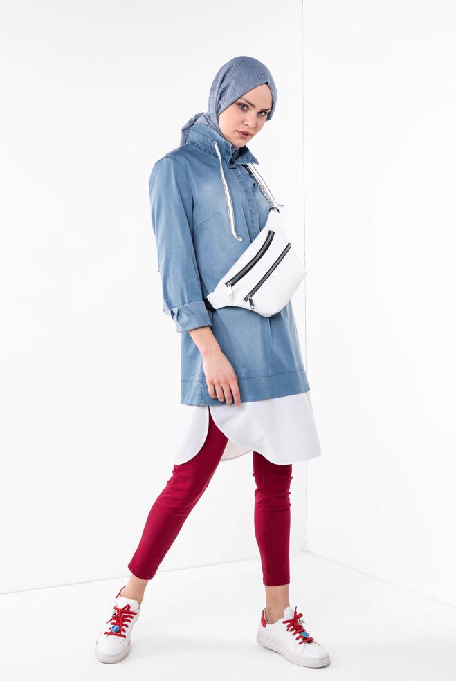 Hijab clothing BLUE Collar Laced Denim Tunic 4036  - ALVİNA