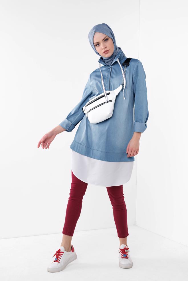 Hijab clothing BLUE Collar Laced Denim Tunic 4036  - ALVİNA