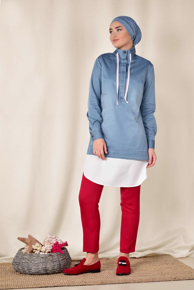 Hijab clothing BLUE Collar Laced Denim Tunic 4036  - ALVİNA