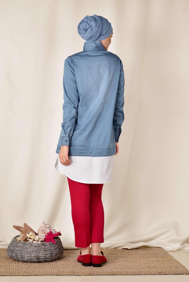 Hijab clothing BLUE Collar Laced Denim Tunic 4036  - ALVİNA
