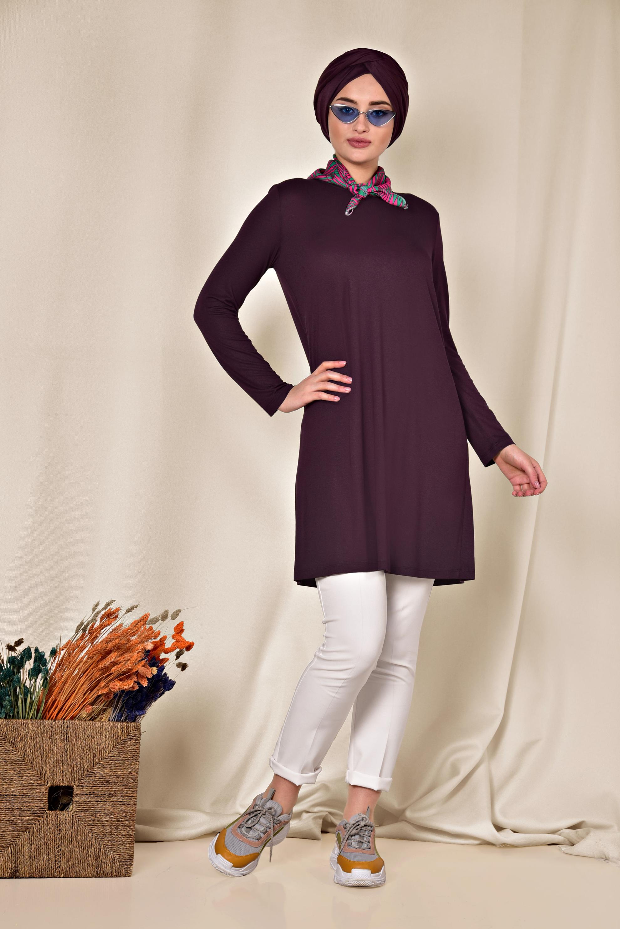 Tesettür giyim MOR YUVARLAK YAKA BASİC TUNİK 4037