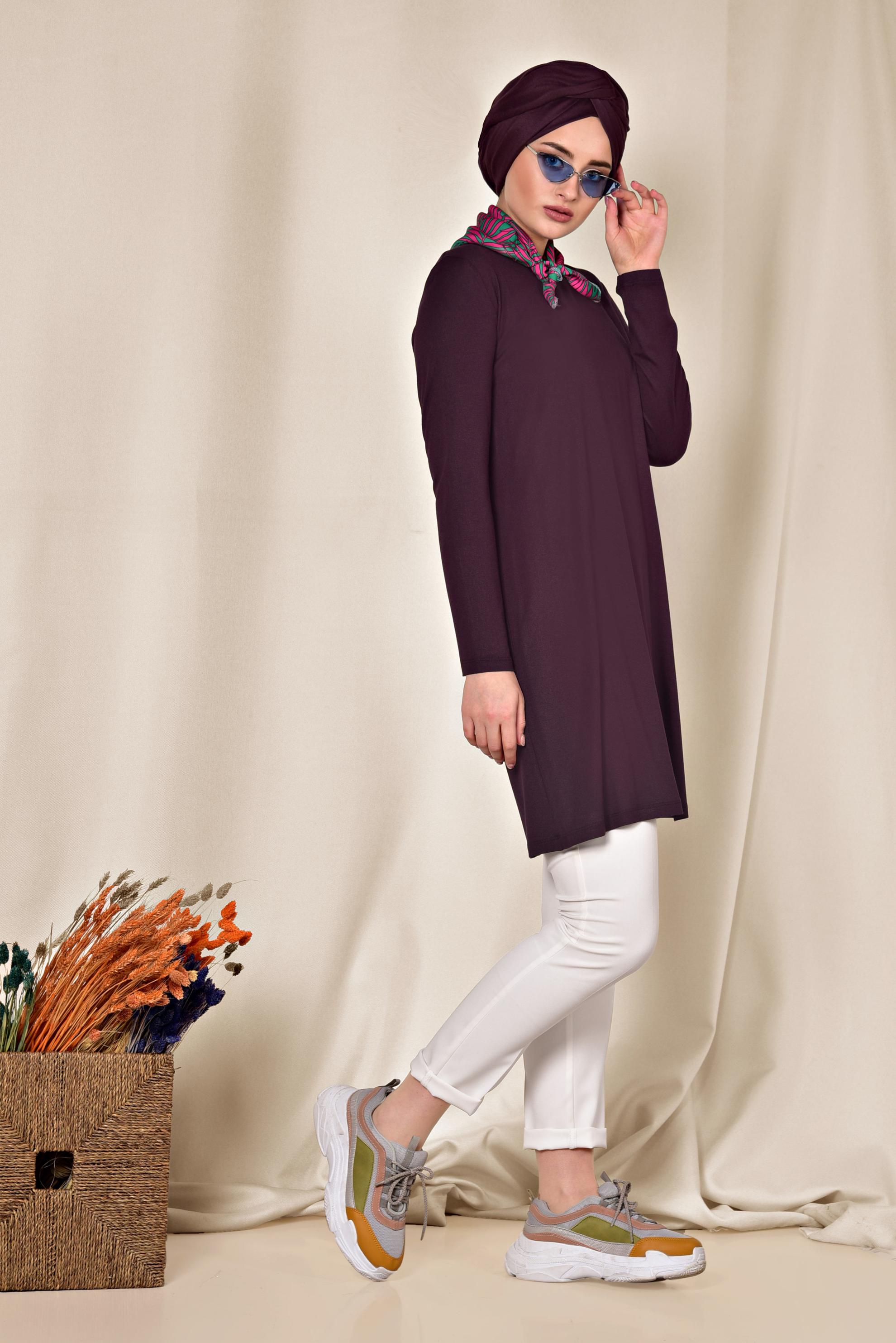 Tesettür giyim MOR YUVARLAK YAKA BASİC TUNİK 4037