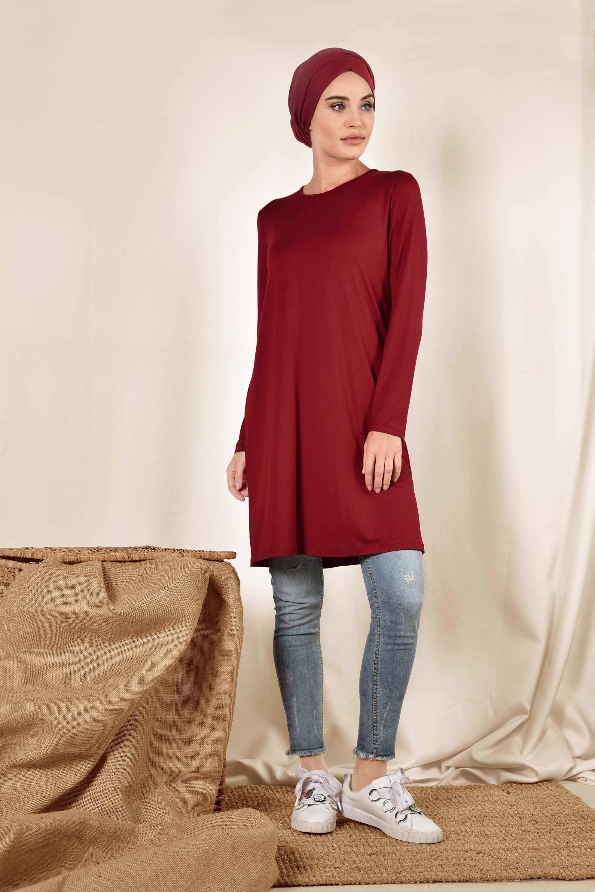 Tesettür giyim BORDO YUVARLAK YAKA BASİC TUNİK 4037