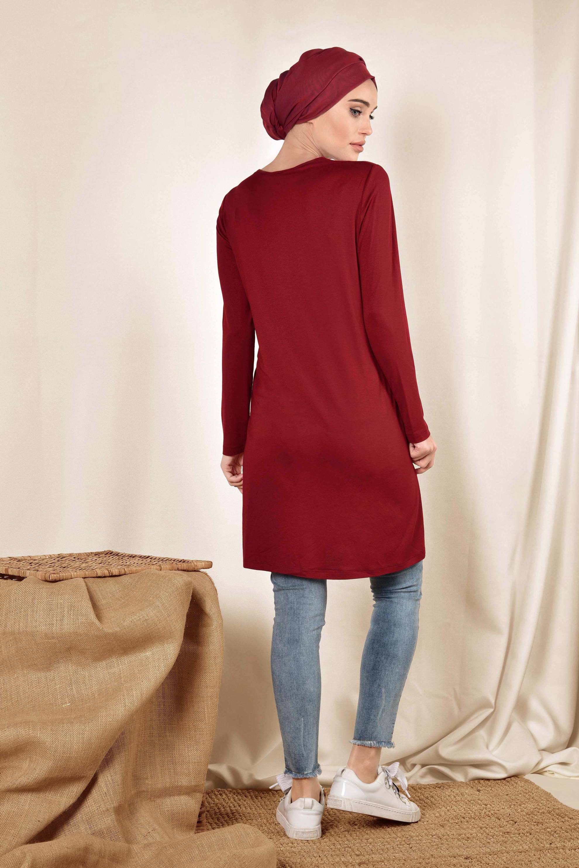 Tesettür giyim BORDO YUVARLAK YAKA BASİC TUNİK 4037