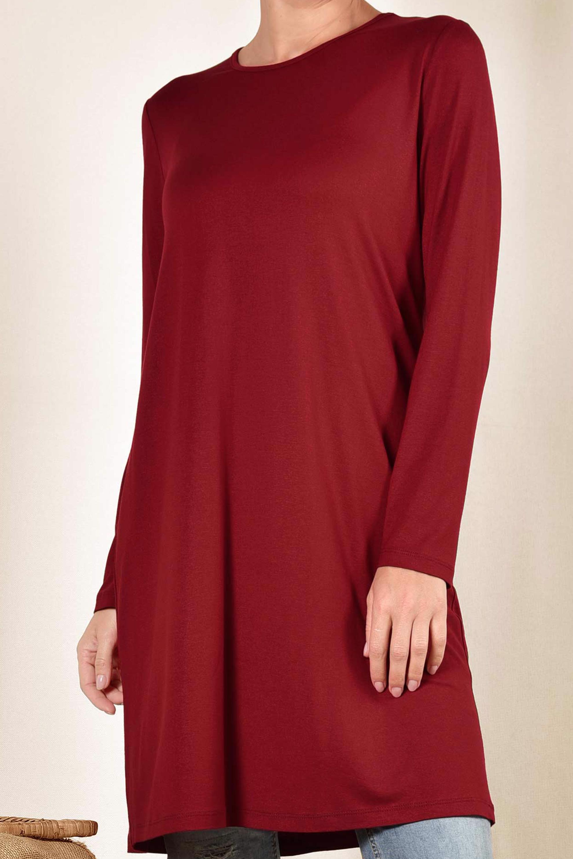 Tesettür giyim BORDO YUVARLAK YAKA BASİC TUNİK 4037