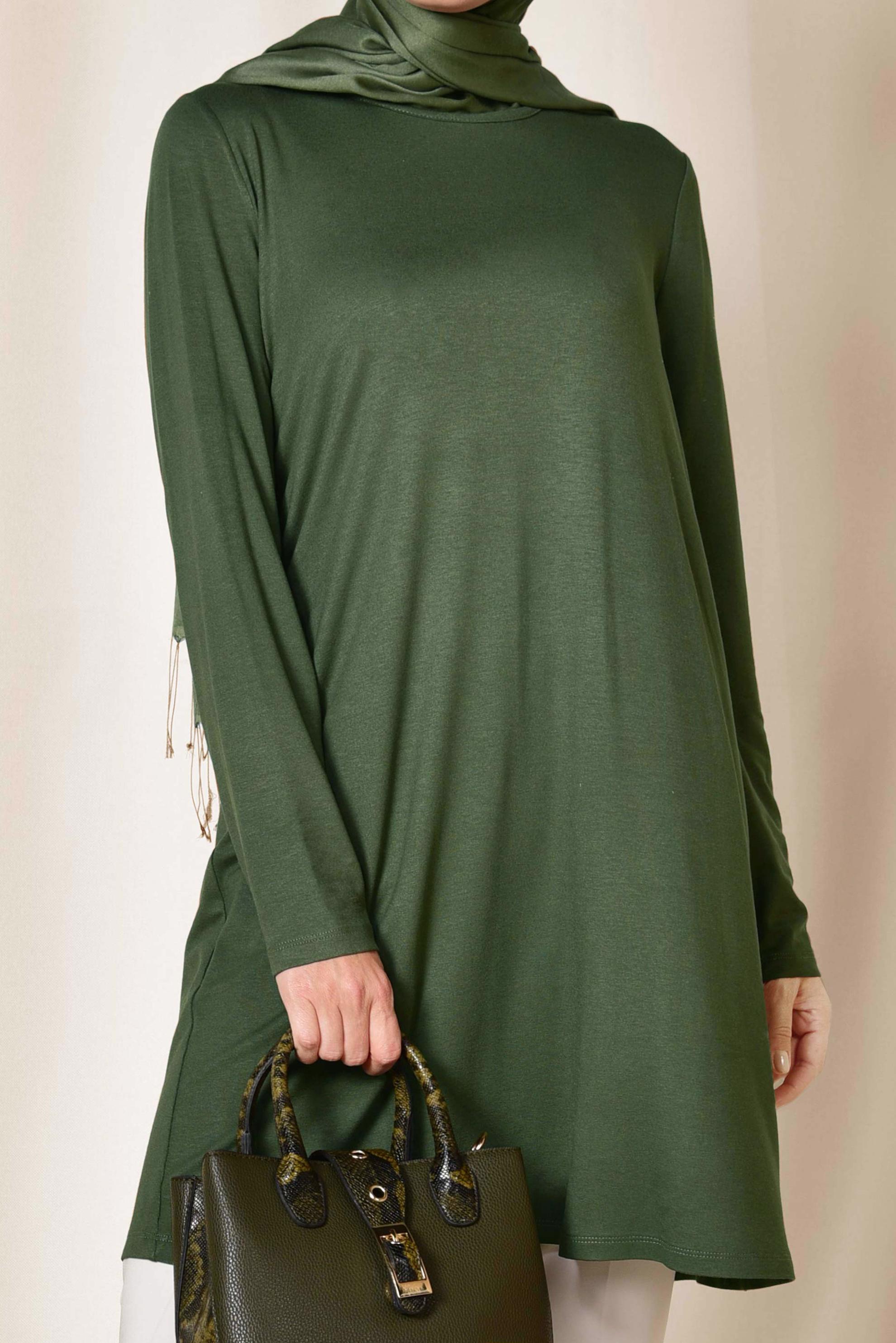 Tesettür giyim HAKİ YUVARLAK YAKA BASİC TUNİK 4037