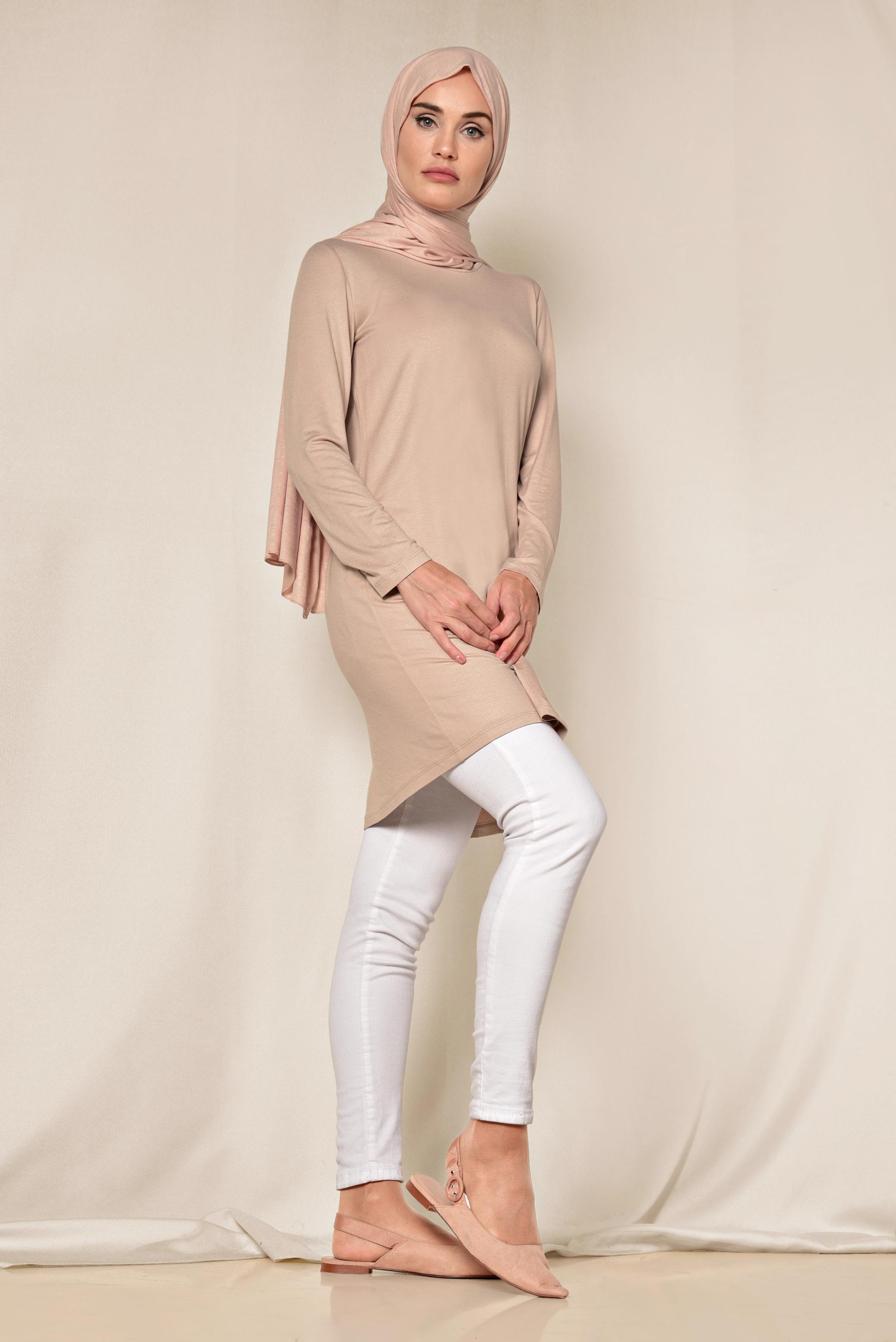 Tesettür giyim PUDRA YUVARLAK YAKA BASİC TUNİK 4037