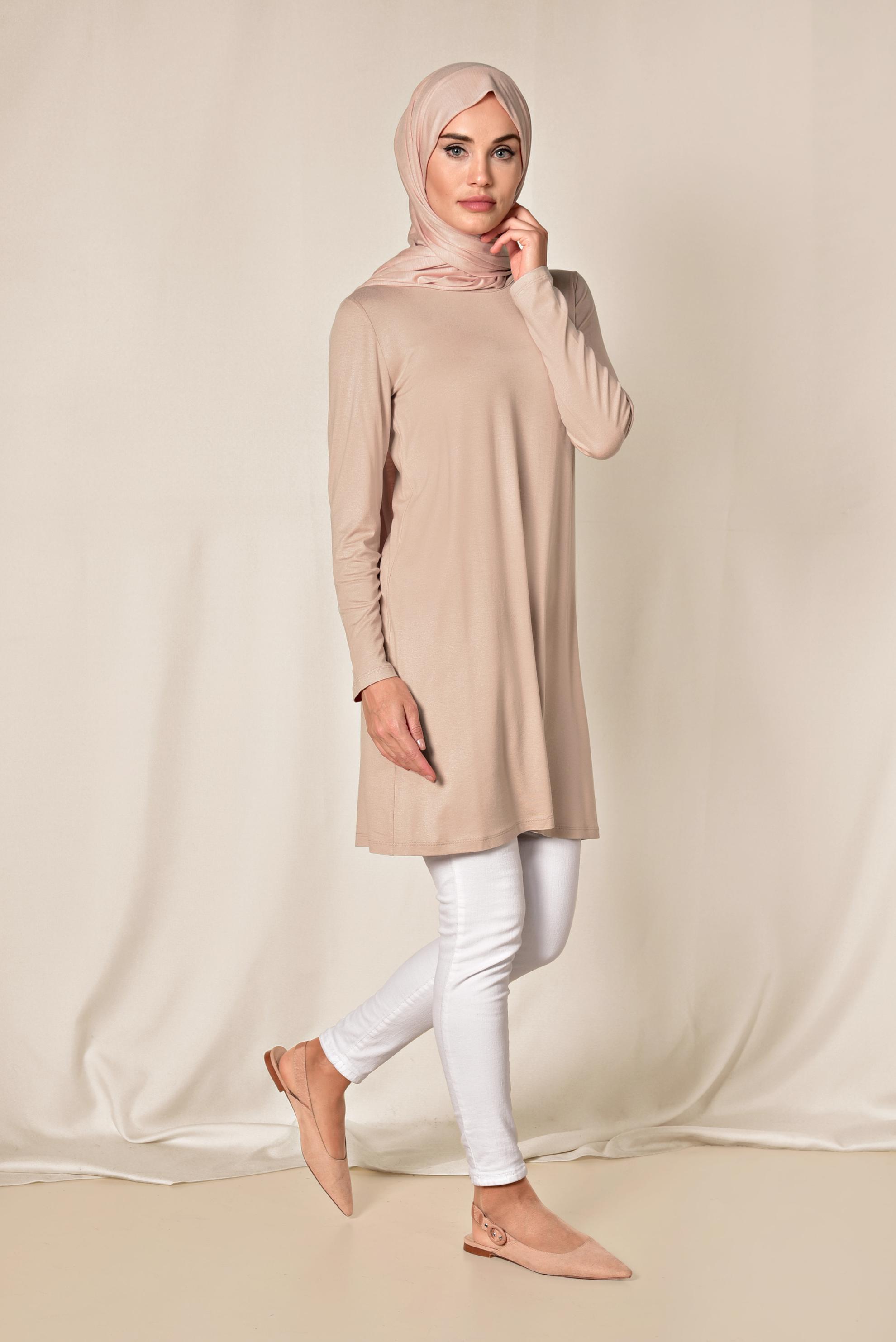 Tesettür giyim PUDRA YUVARLAK YAKA BASİC TUNİK 4037