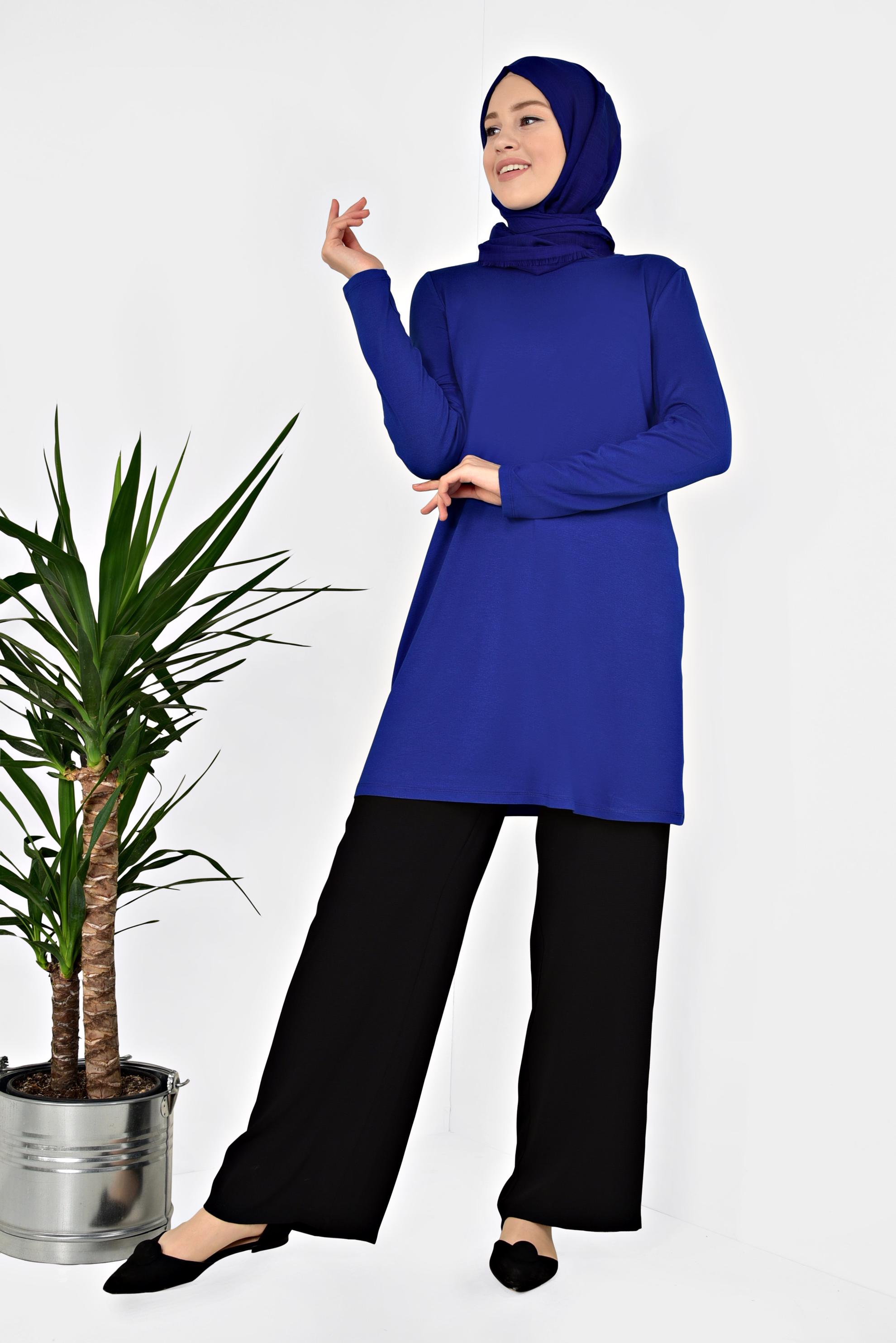 Hijab clothing NAVY BLUE Round Collar Tunic 4037 