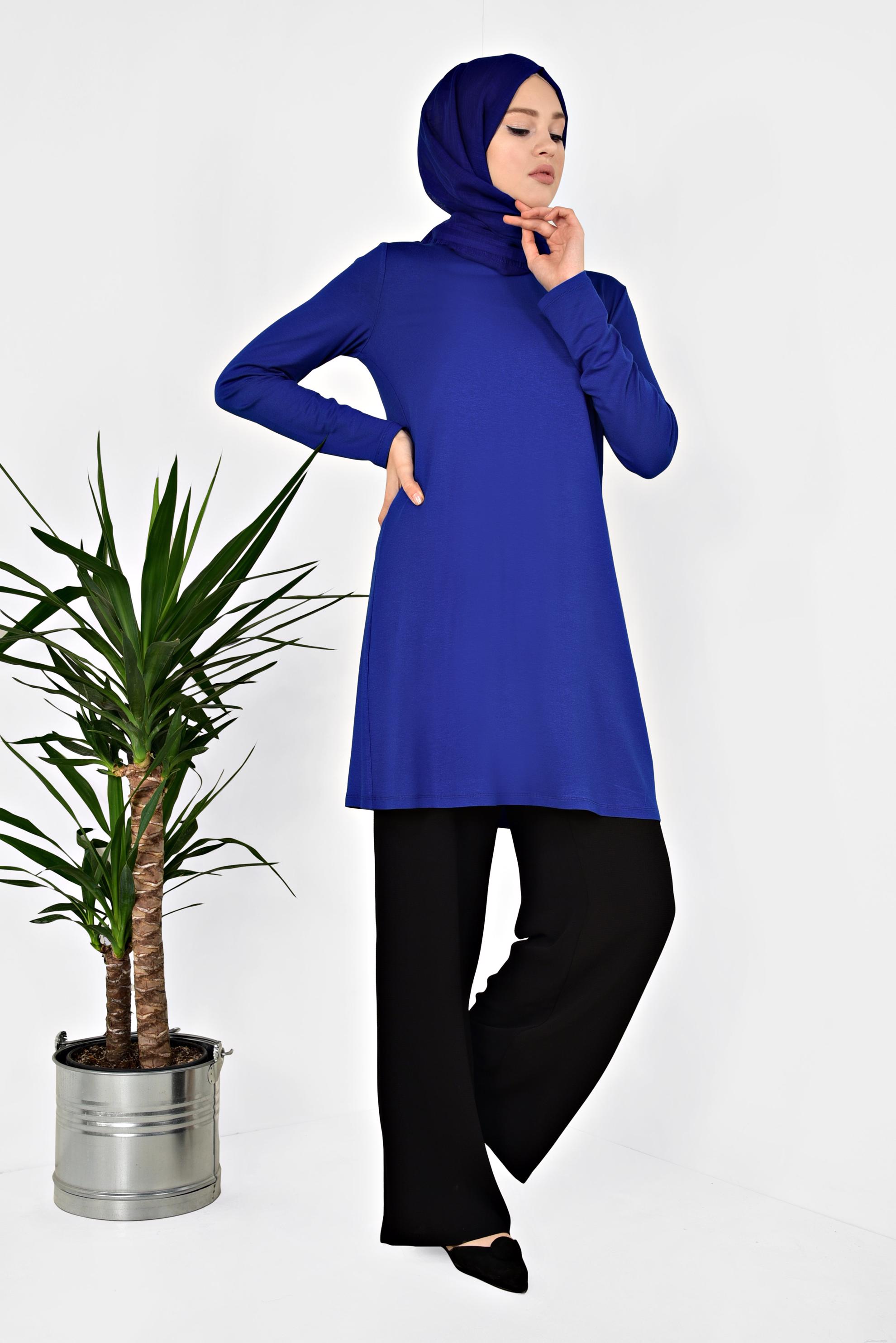 Hijab clothing NAVY BLUE Round Collar Tunic 4037 