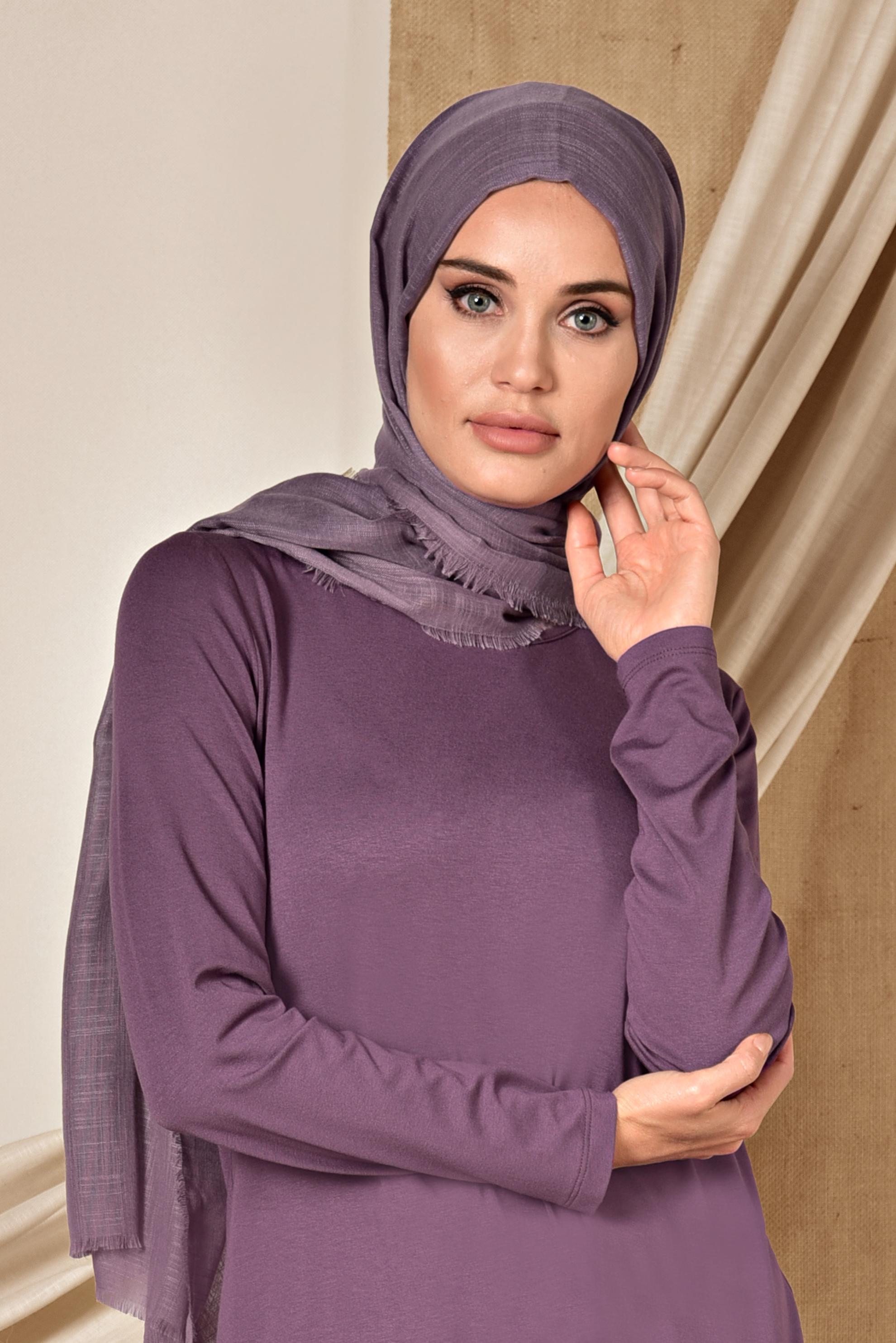 Tesettür giyim MOR YUVARLAK YAKA BASİC TUNİK 4037