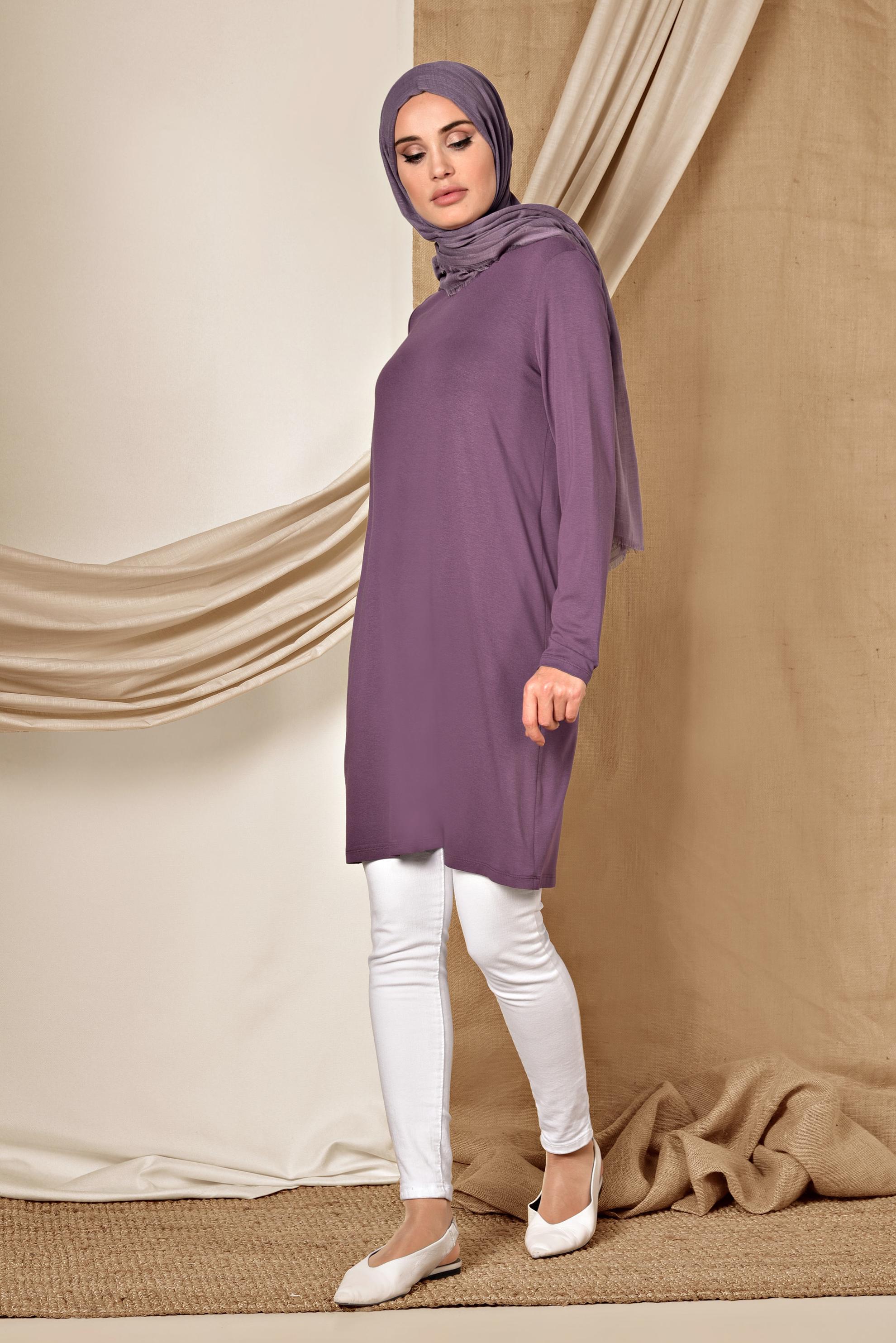 Tesettür giyim MOR YUVARLAK YAKA BASİC TUNİK 4037