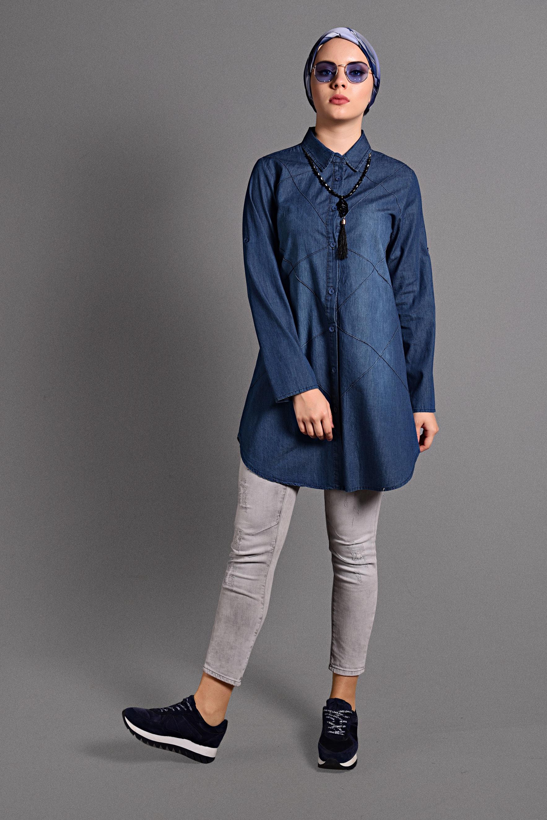 Tesettür giyim LACİVERT DENİM TUNİK 4040