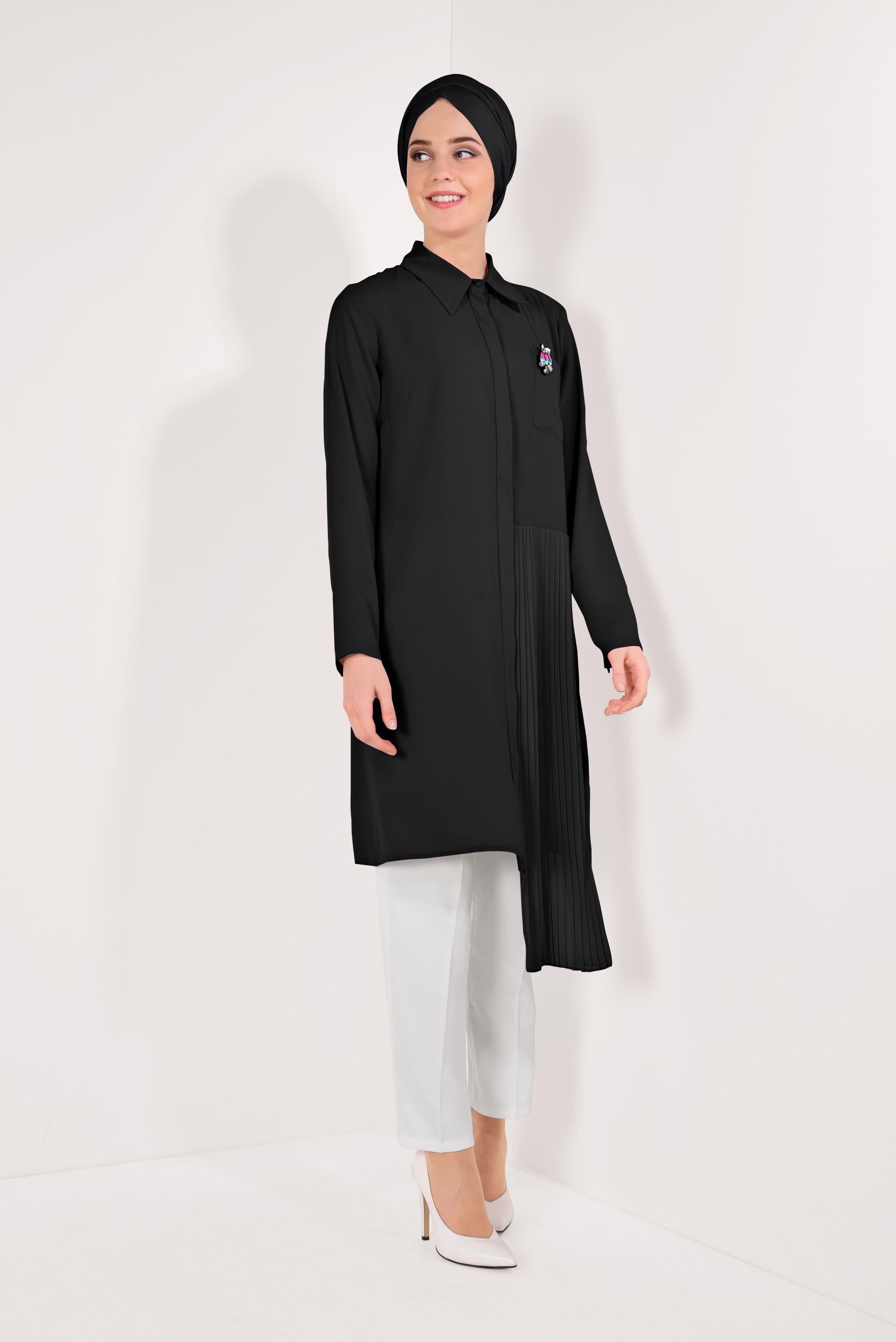 Tesettür giyim SİYAH PİLİSE DETAYLI GİZLİ DÜĞMELİ TUNİK 4042