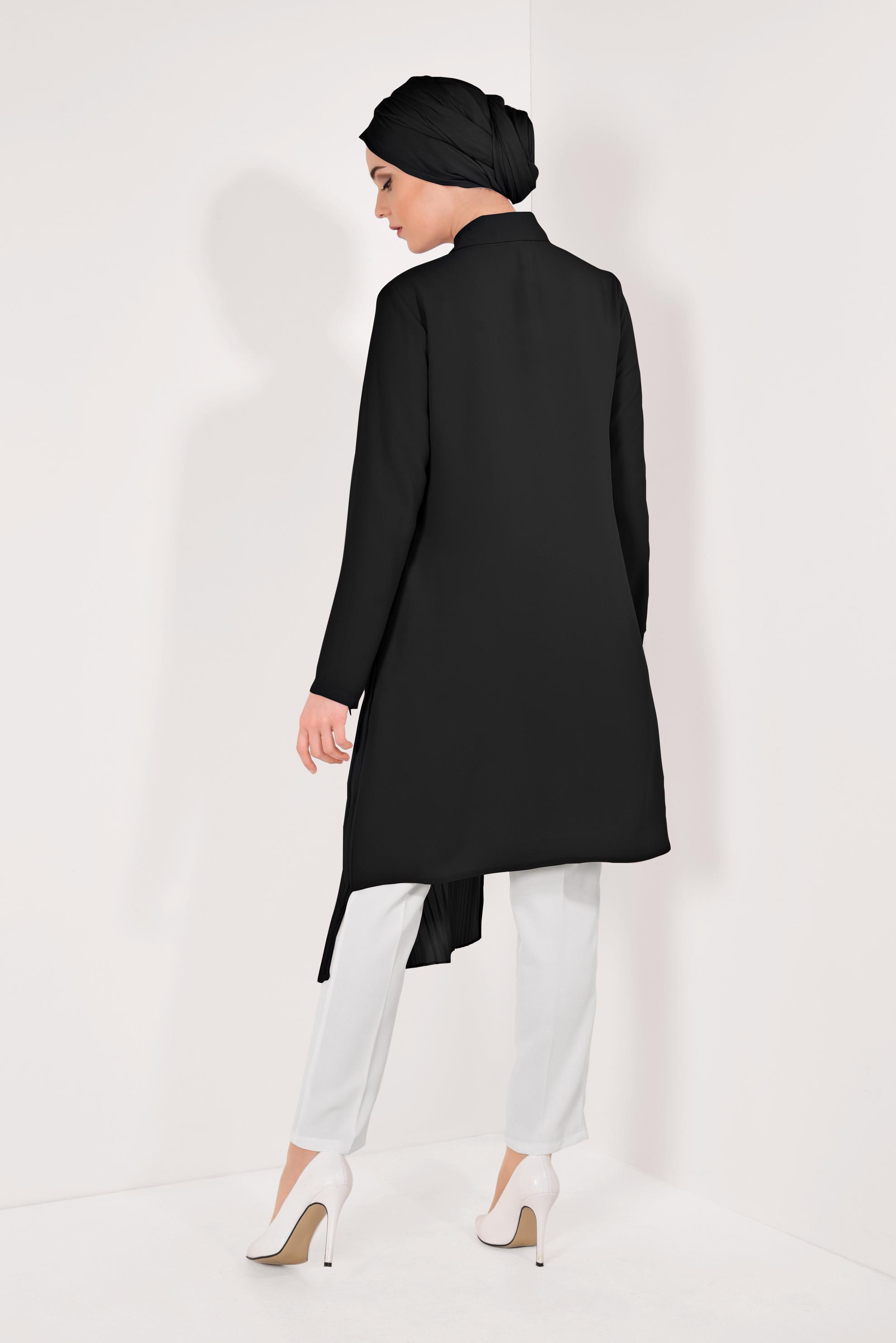 Tesettür giyim SİYAH PİLİSE DETAYLI GİZLİ DÜĞMELİ TUNİK 4042