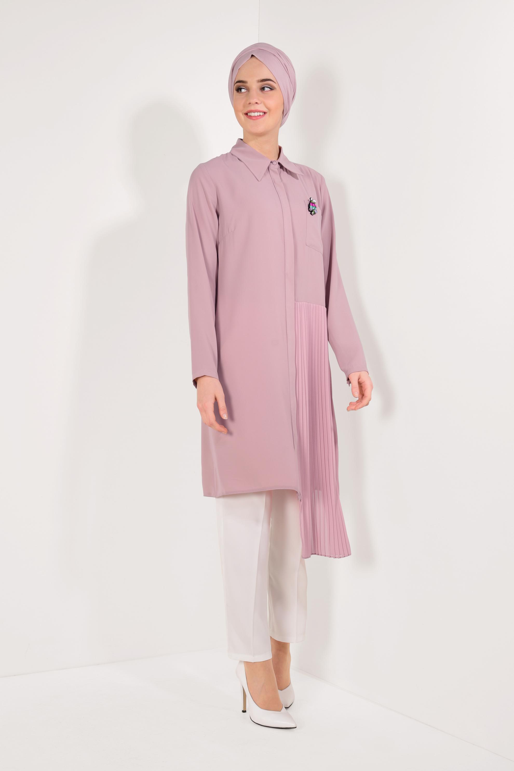 Tesettür giyim PUDRA PİLİSE DETAYLI GİZLİ DÜĞMELİ TUNİK 4042