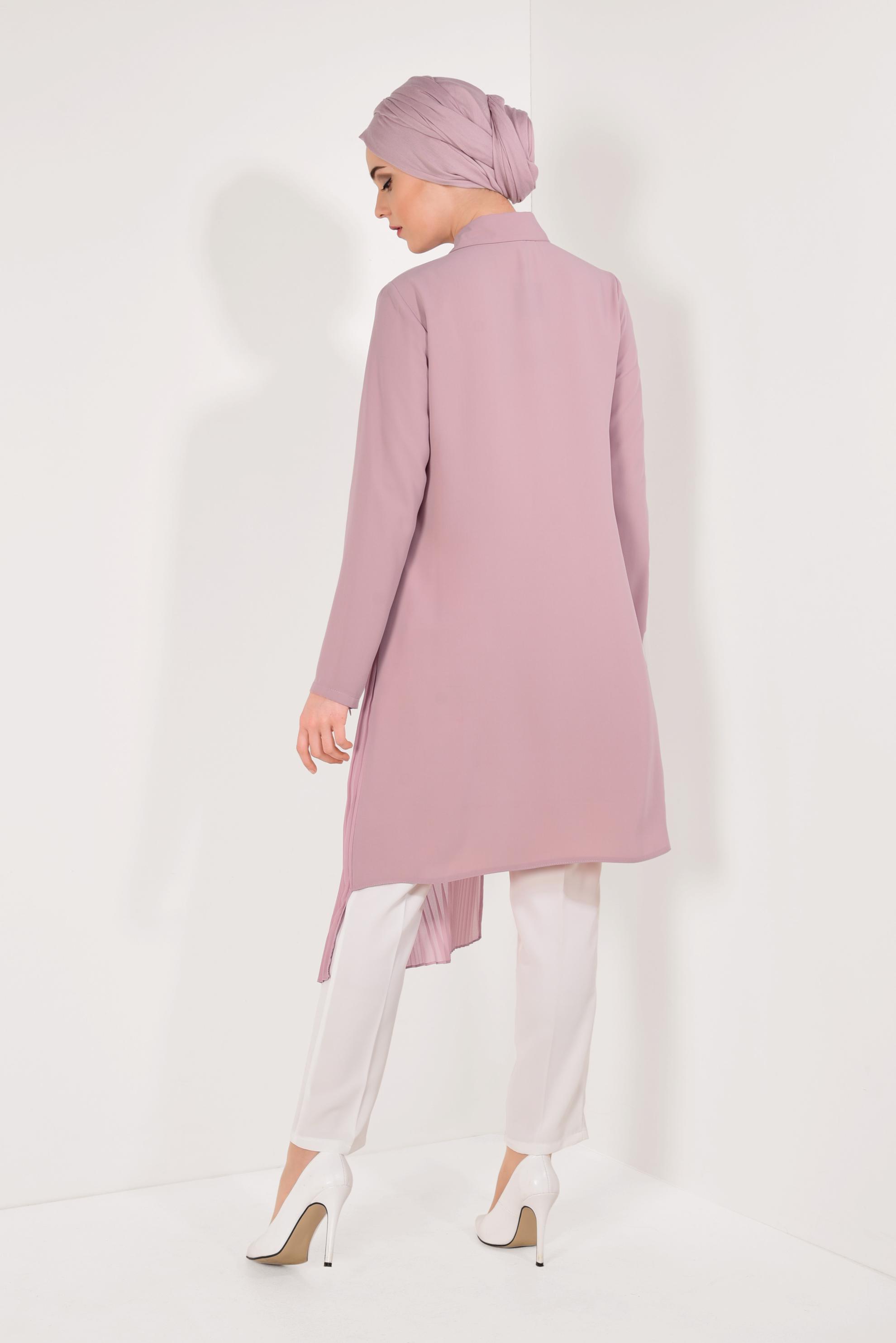 Tesettür giyim PUDRA PİLİSE DETAYLI GİZLİ DÜĞMELİ TUNİK 4042