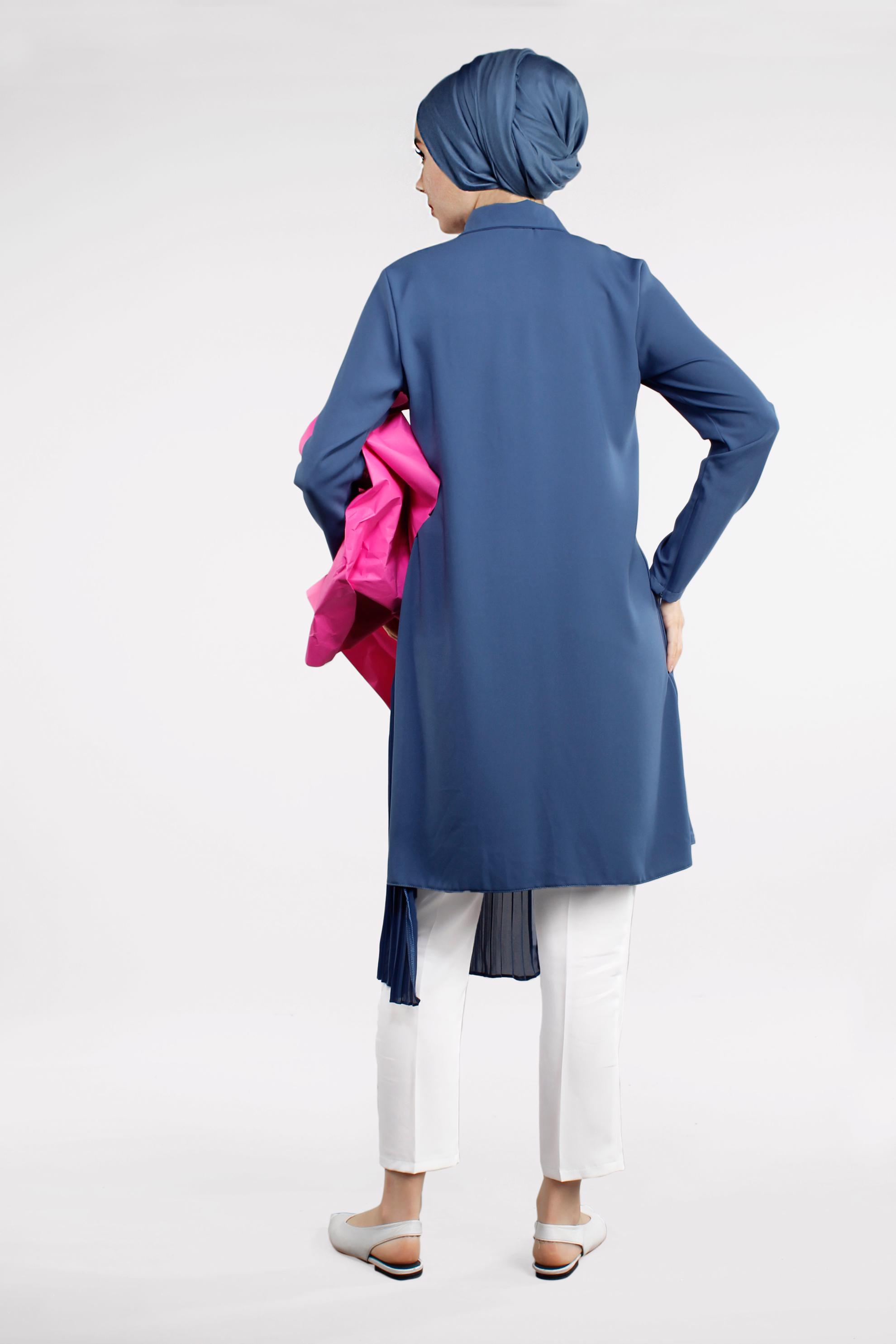 Tesettür giyim LACİVERT PİLİSE DETAYLI GİZLİ DÜĞMELİ TUNİK 4042