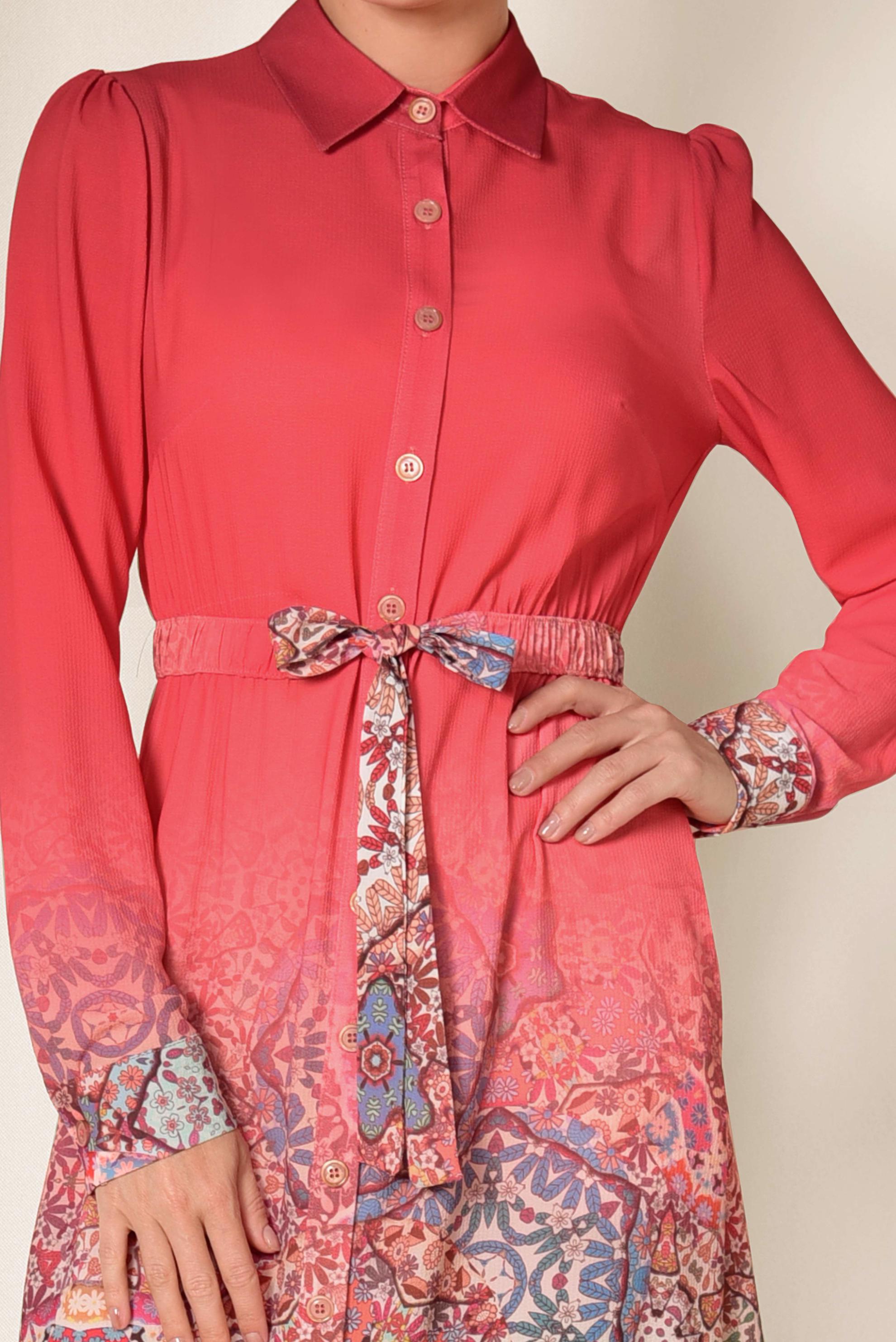 Tesettür giyim MERCAN KENDİNDEN KUŞAKLI DESENLİ UZUN TUNİK 4049