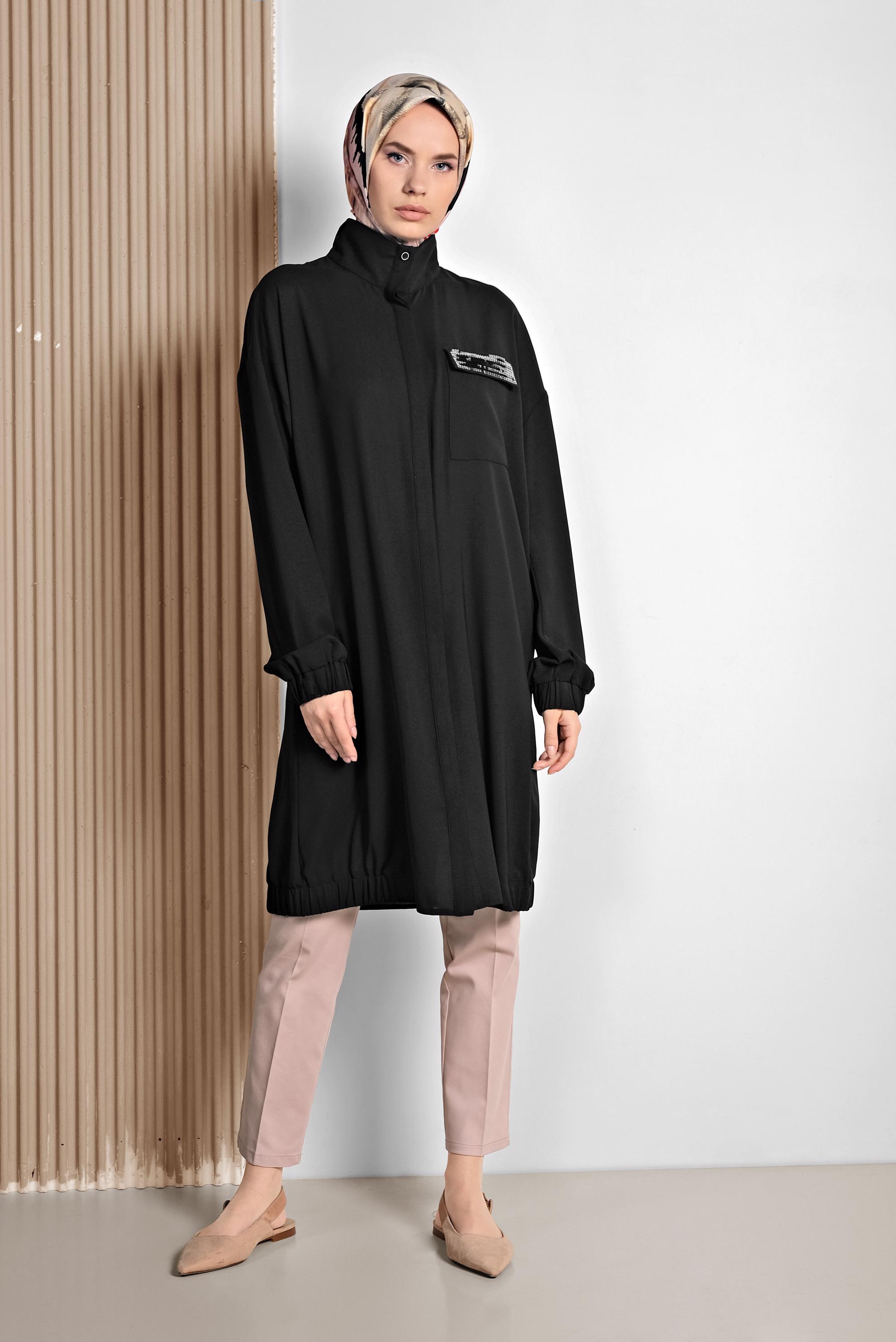 Tesettür giyim SİYAH MANŞETLERİ VE ETEK UCU LASTİKLİ TUNİK 4053