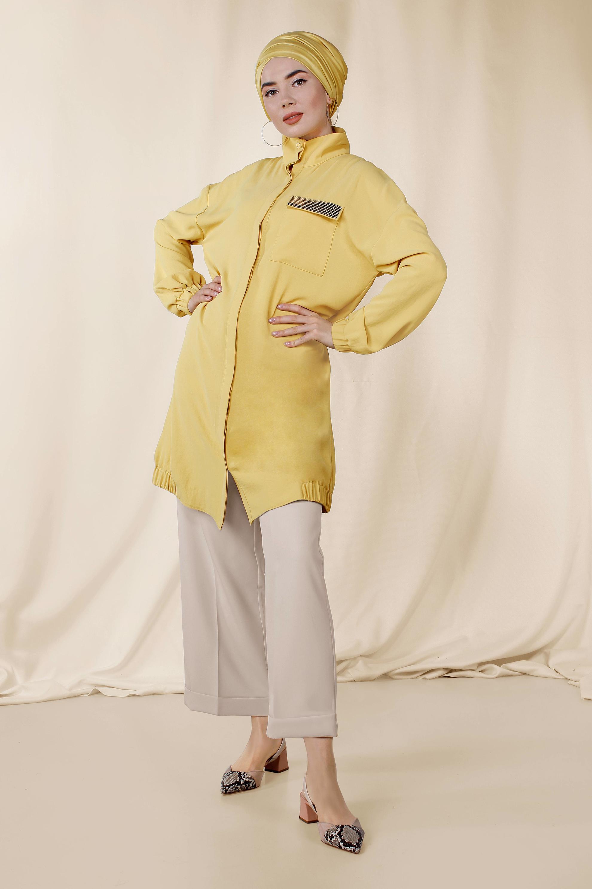 Tesettür giyim SARI MANŞETLERİ VE ETEK UCU LASTİKLİ TUNİK 4053