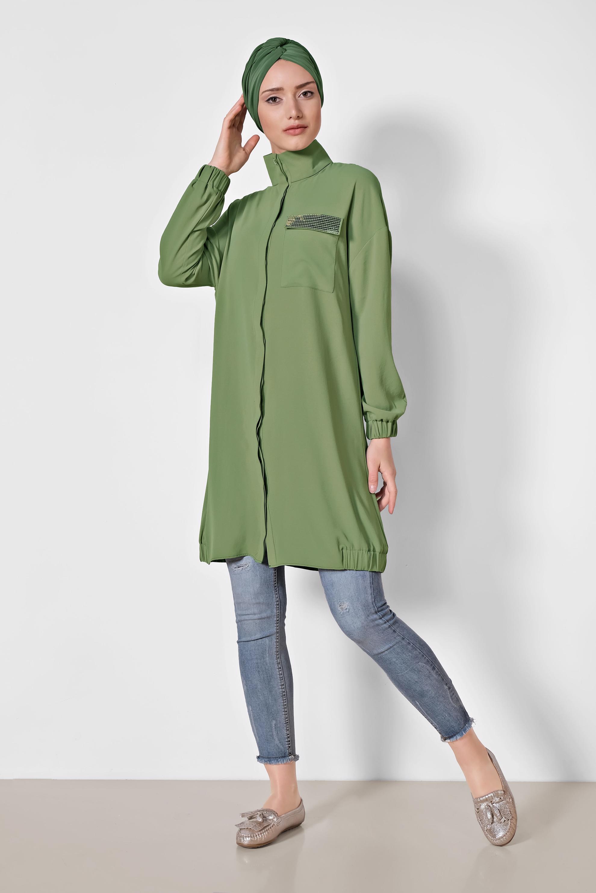 Tesettür giyim YEŞİL MANŞETLERİ VE ETEK UCU LASTİKLİ TUNİK 4053