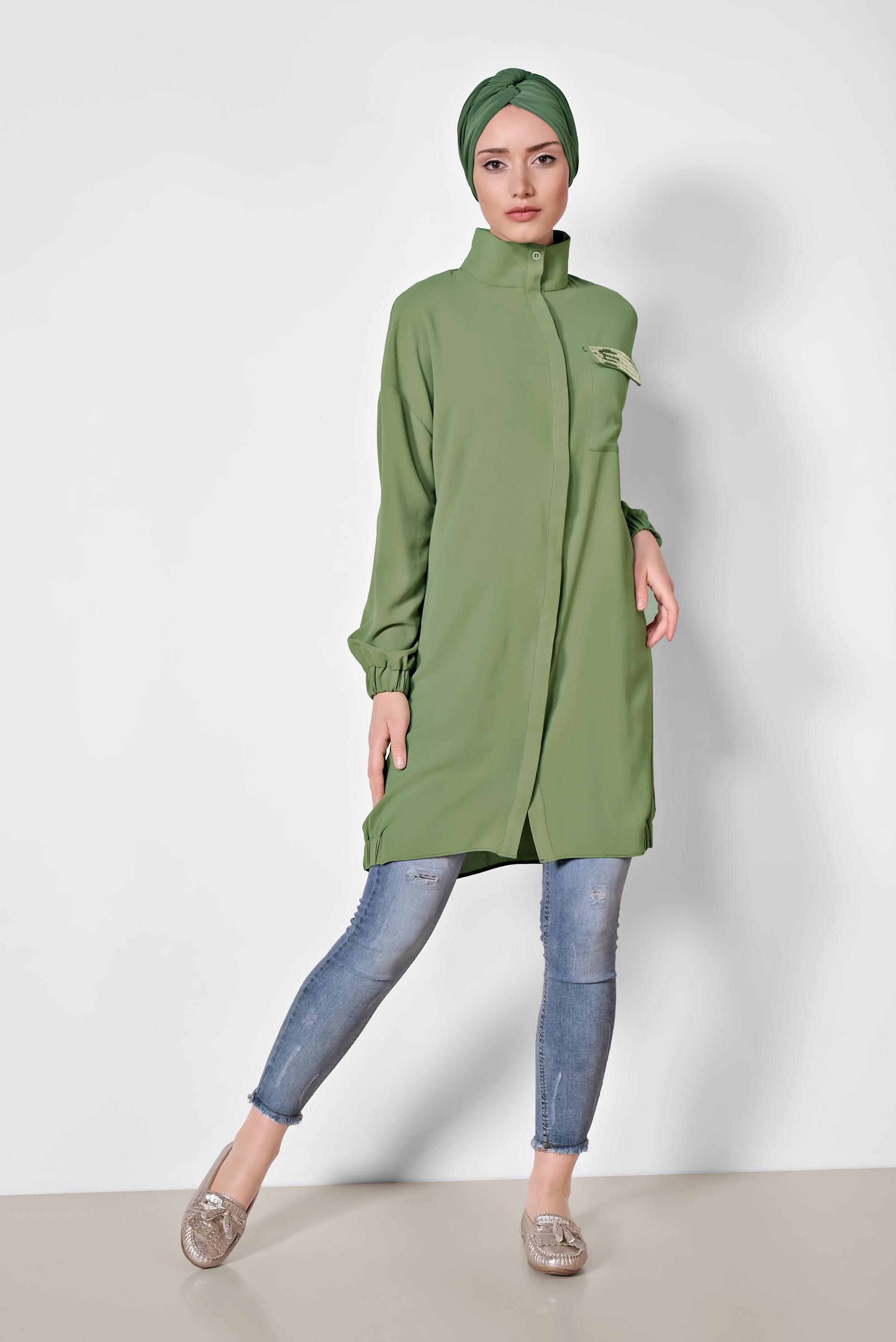 Tesettür giyim YEŞİL MANŞETLERİ VE ETEK UCU LASTİKLİ TUNİK 4053