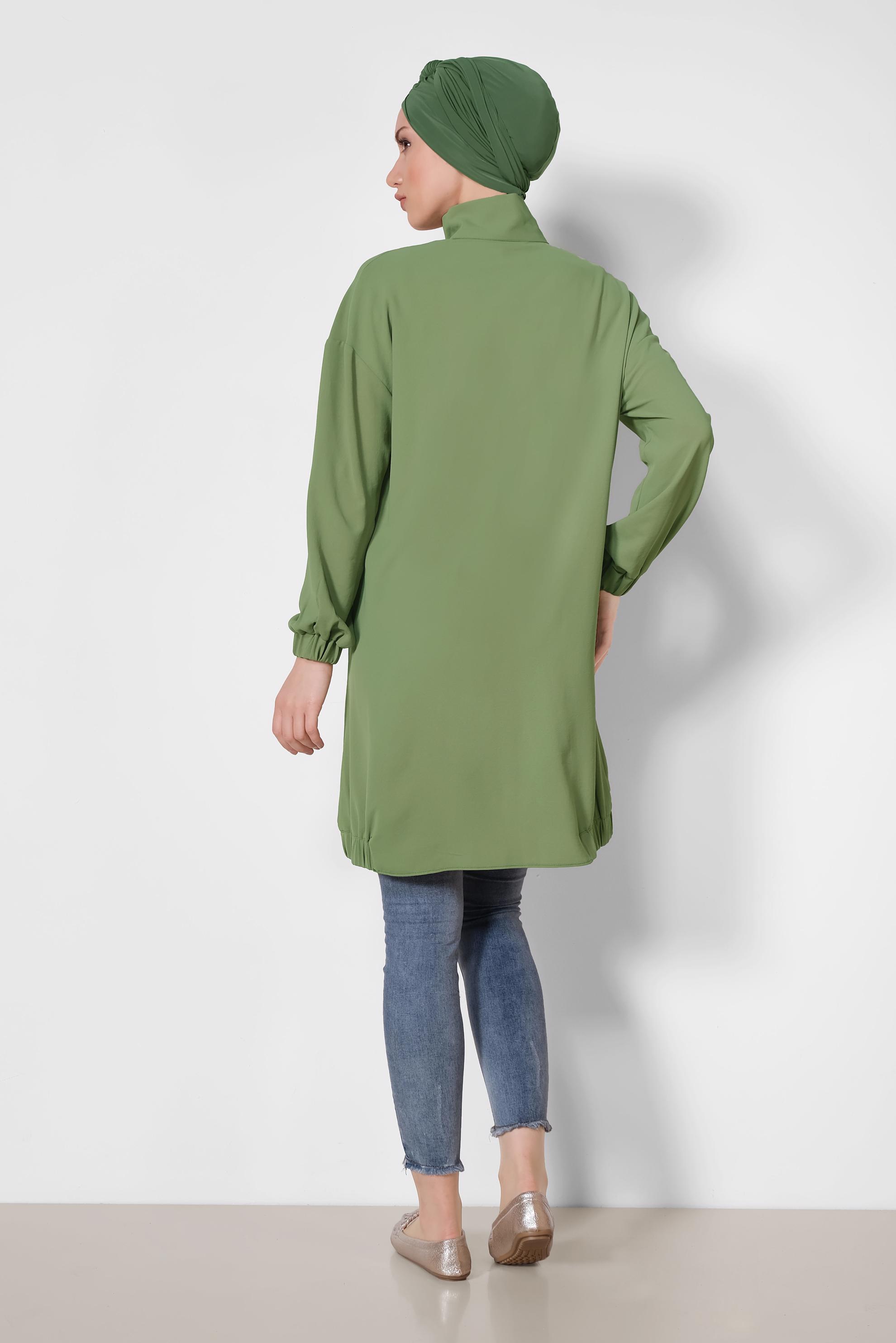 Tesettür giyim YEŞİL MANŞETLERİ VE ETEK UCU LASTİKLİ TUNİK 4053