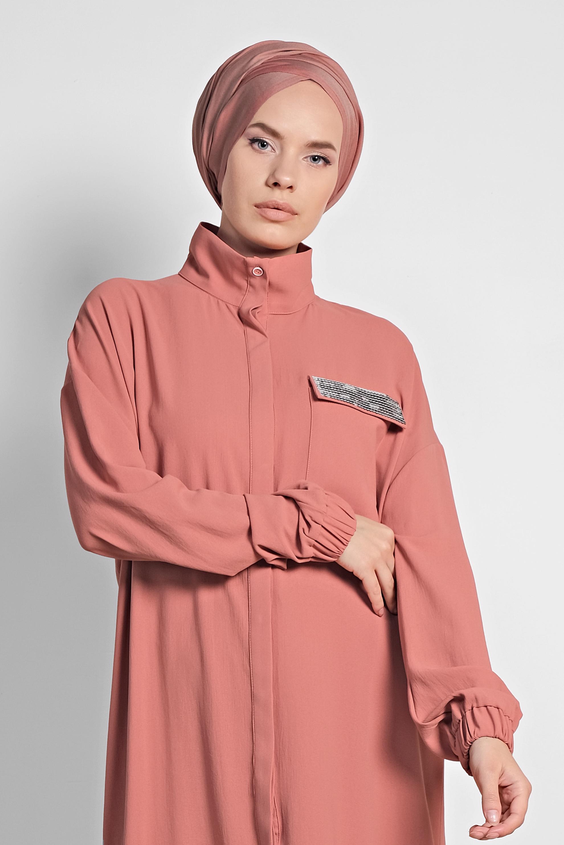 Tesettür giyim MERCAN MANŞETLERİ VE ETEK UCU LASTİKLİ TUNİK 4053