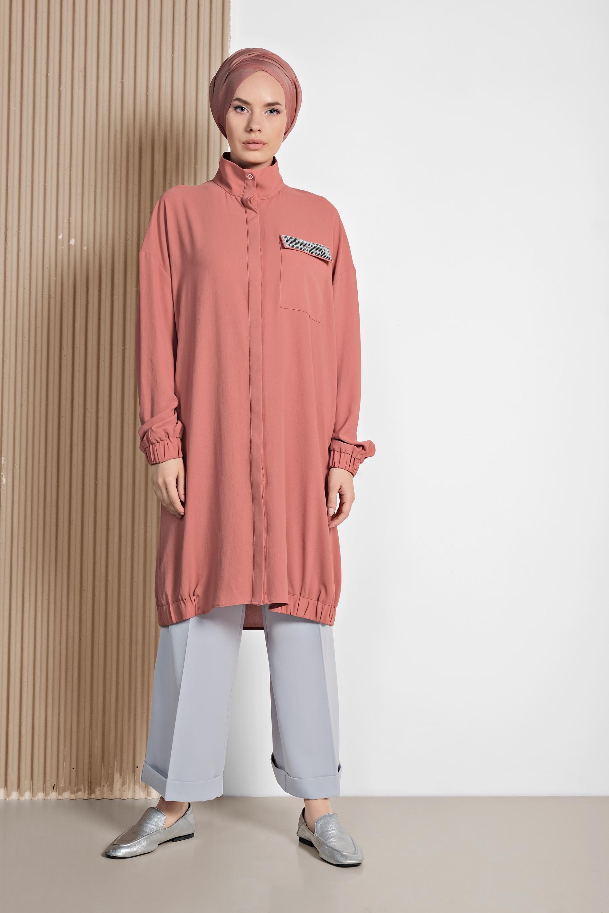 Tesettür giyim MERCAN MANŞETLERİ VE ETEK UCU LASTİKLİ TUNİK 4053