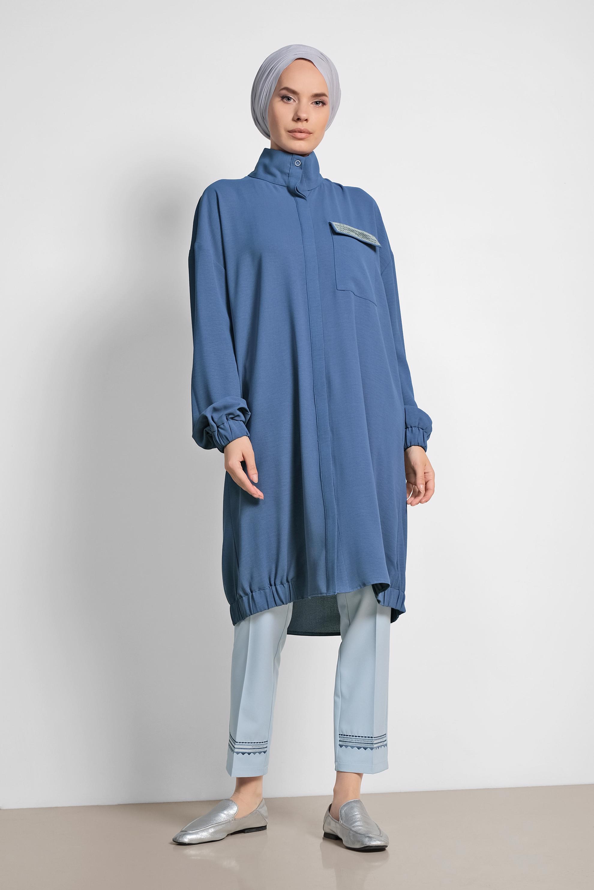 Tesettür giyim LACİVERT MANŞETLERİ VE ETEK UCU LASTİKLİ TUNİK 4053