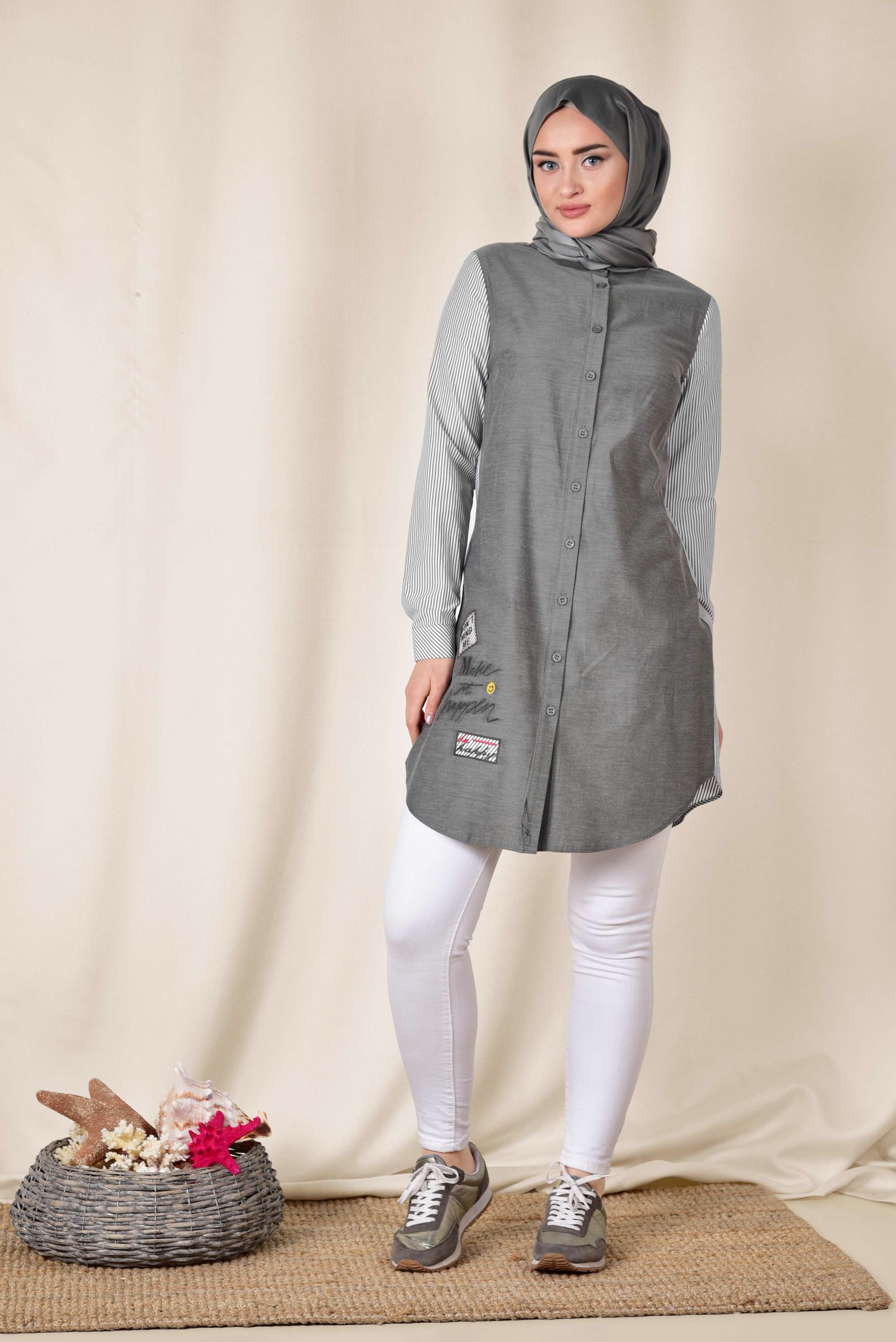 Tesettür giyim SİYAH ÇİZGİ VE YAZI DETAYLI PAMUKLU TUNİK 4056