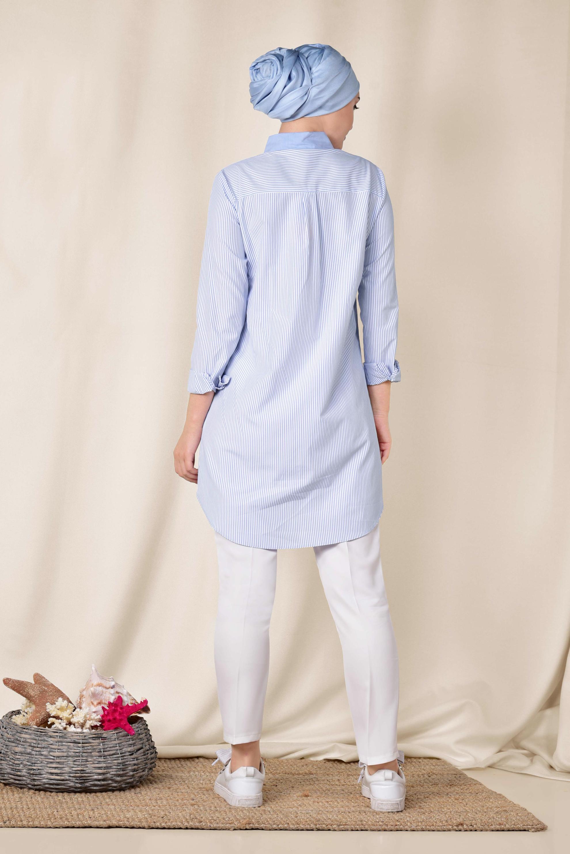 Tesettür giyim LACİVERT ÇİZGİ VE YAZI DETAYLI PAMUKLU TUNİK 4056