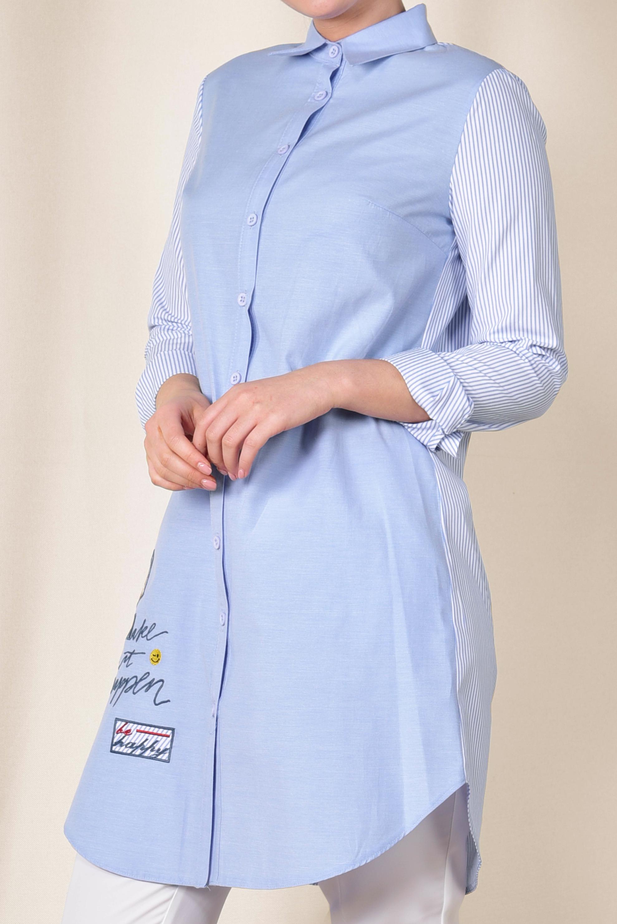 Tesettür giyim LACİVERT ÇİZGİ VE YAZI DETAYLI PAMUKLU TUNİK 4056