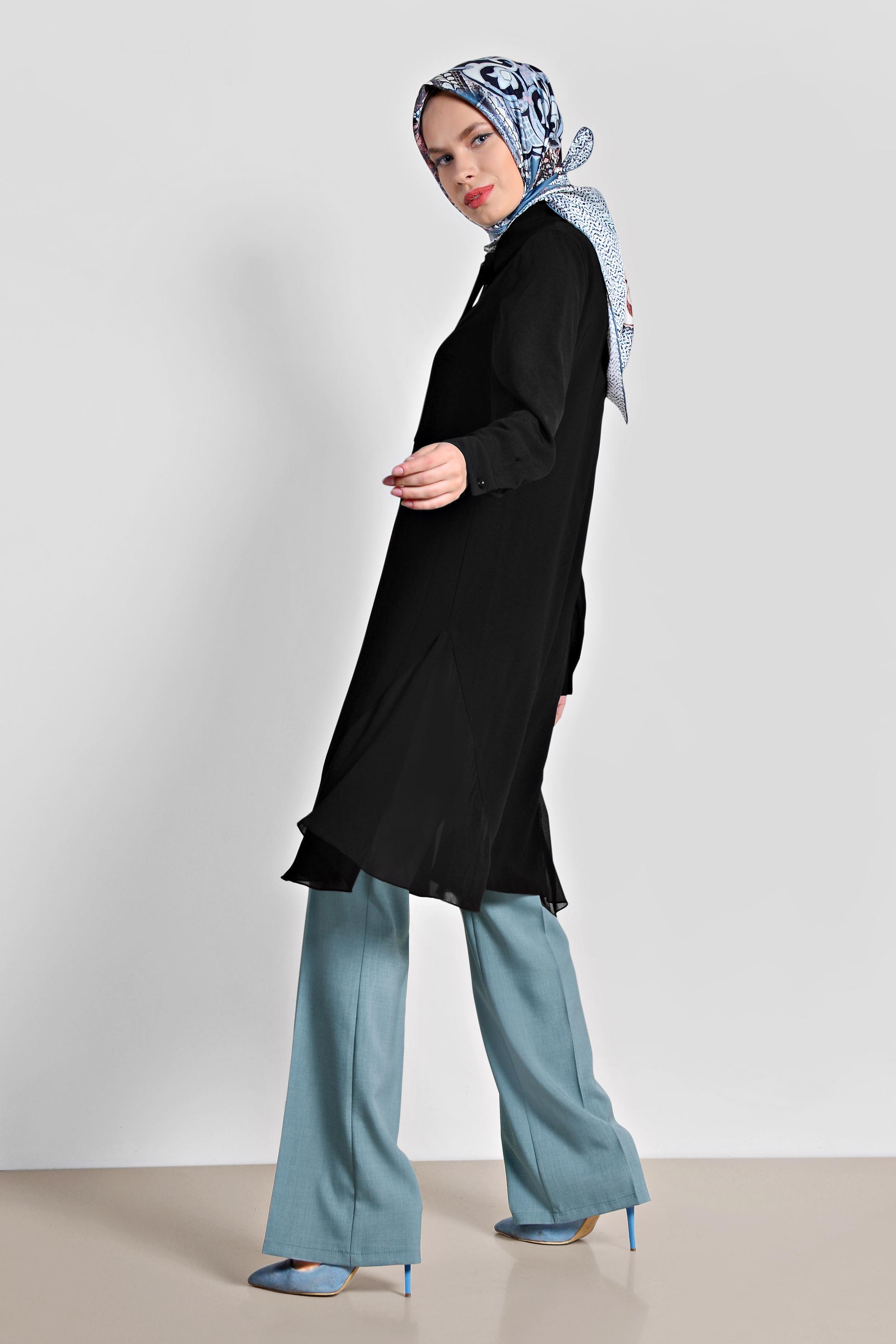 Tesettür giyim SİYAH GÖMLEK YAKA TESETTÜR TUNİK 4060