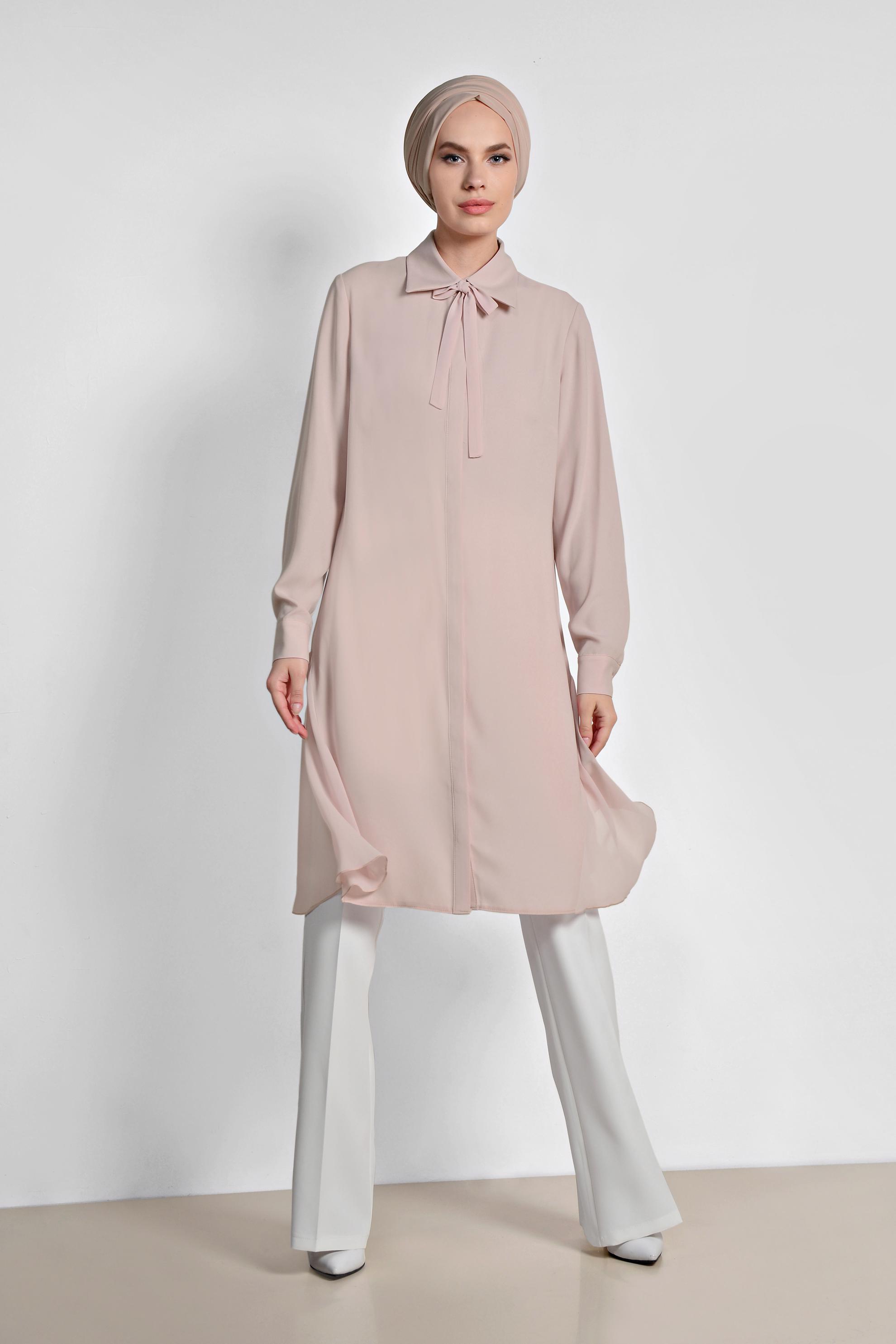 Tesettür giyim PUDRA GÖMLEK YAKA TESETTÜR TUNİK 4060