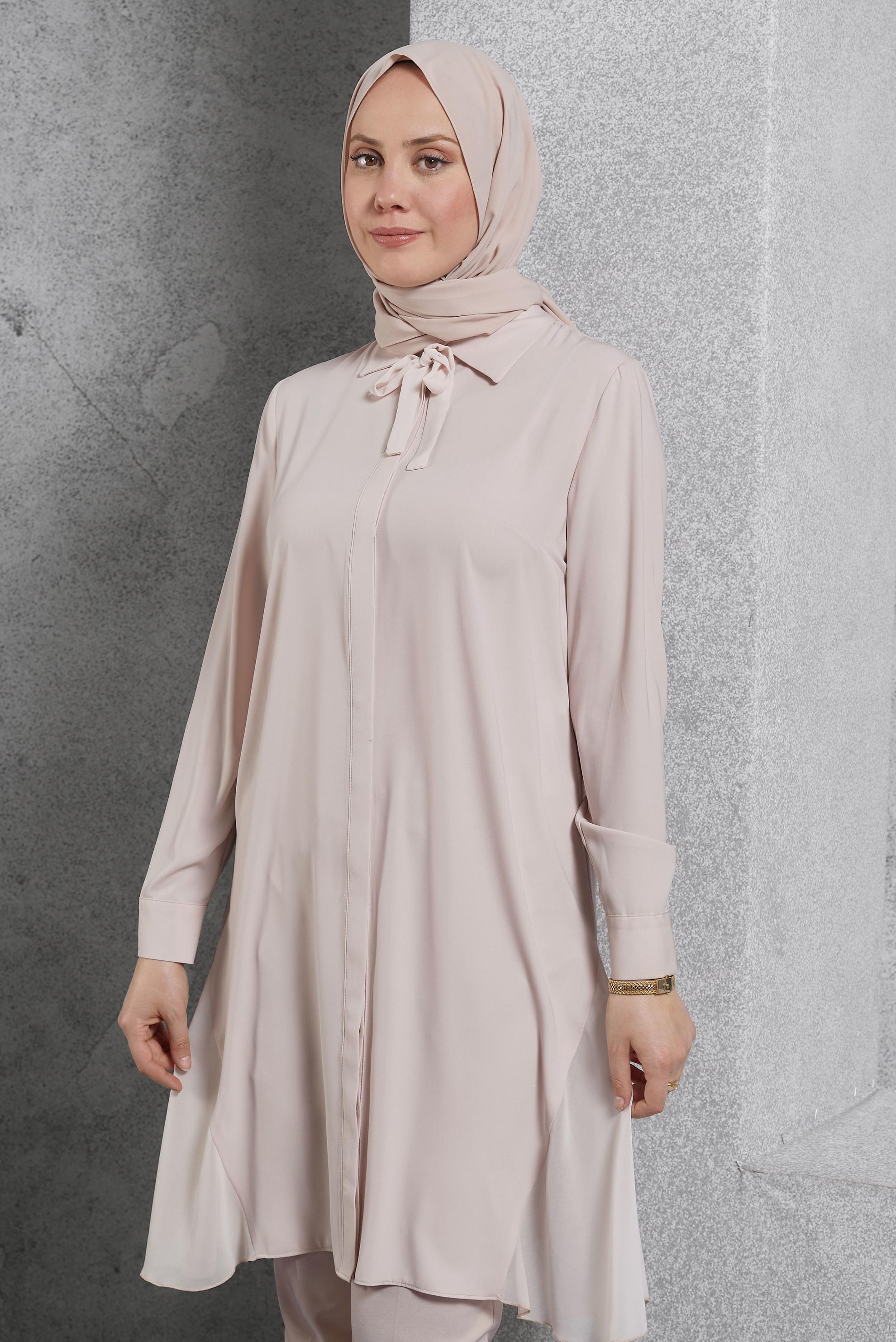 Tesettür giyim PUDRA GÖMLEK YAKA TESETTÜR TUNİK 4060
