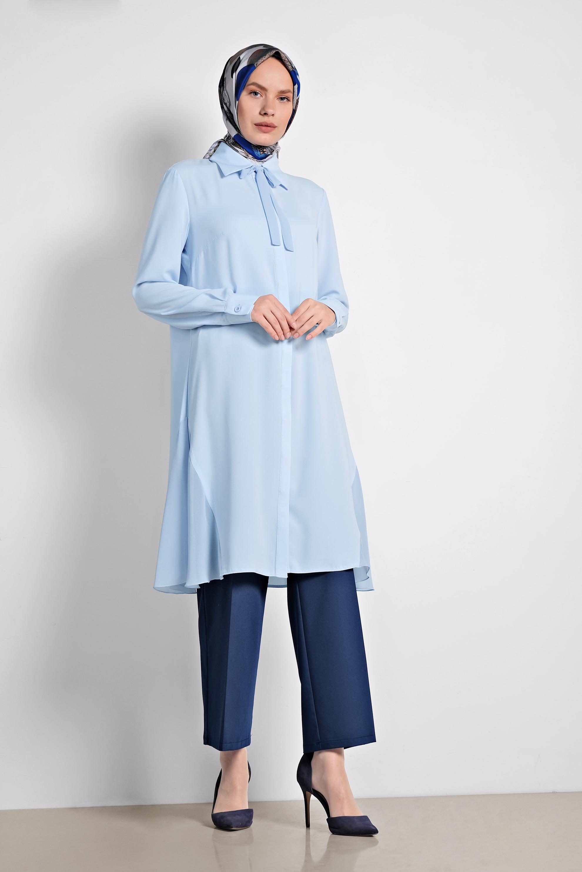 Tesettür giyim MAVİ GÖMLEK YAKA TESETTÜR TUNİK 4060