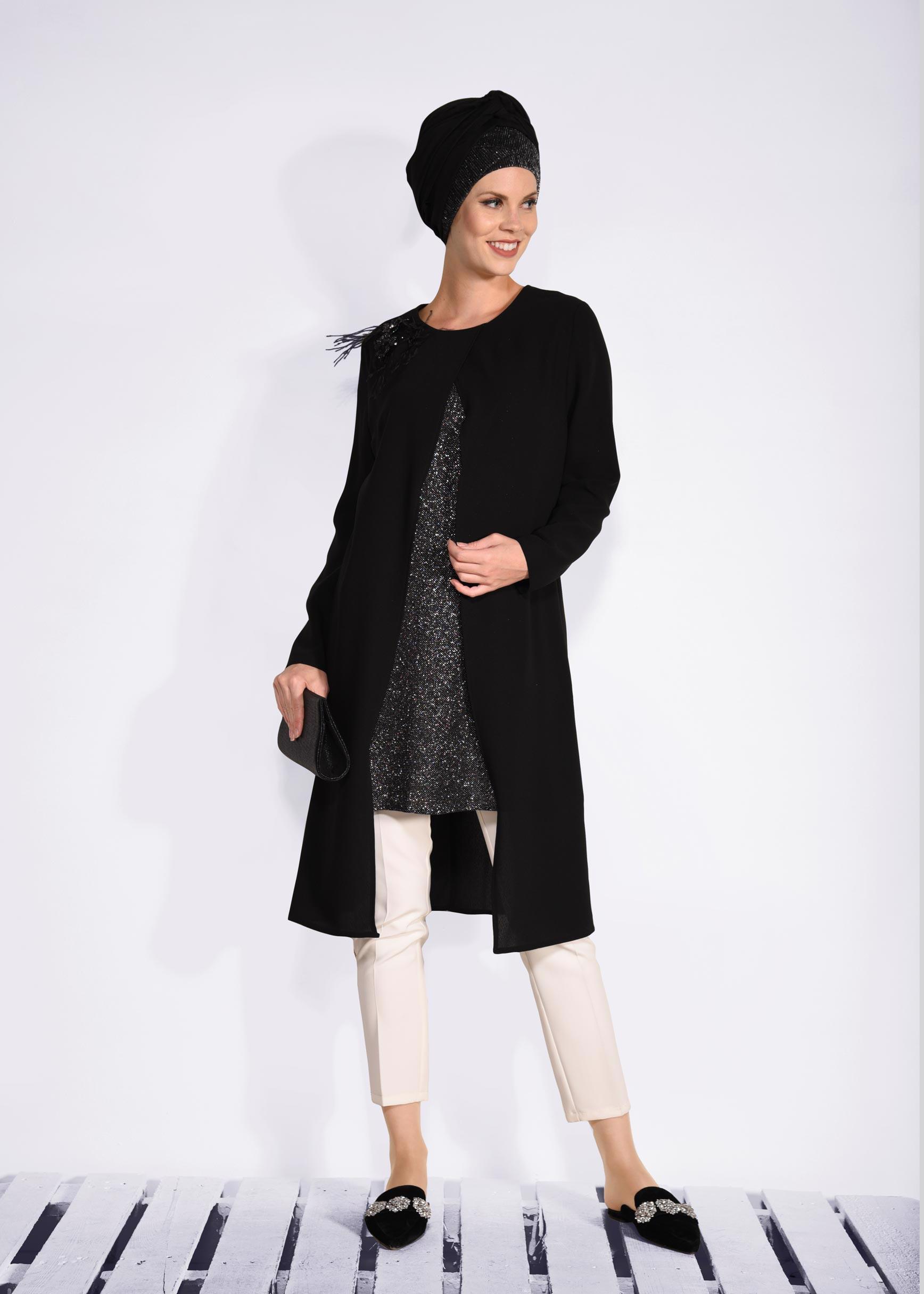 Tesettür giyim SİYAH SİMLİ ASİMETRİK KESİM TUNİK 4072