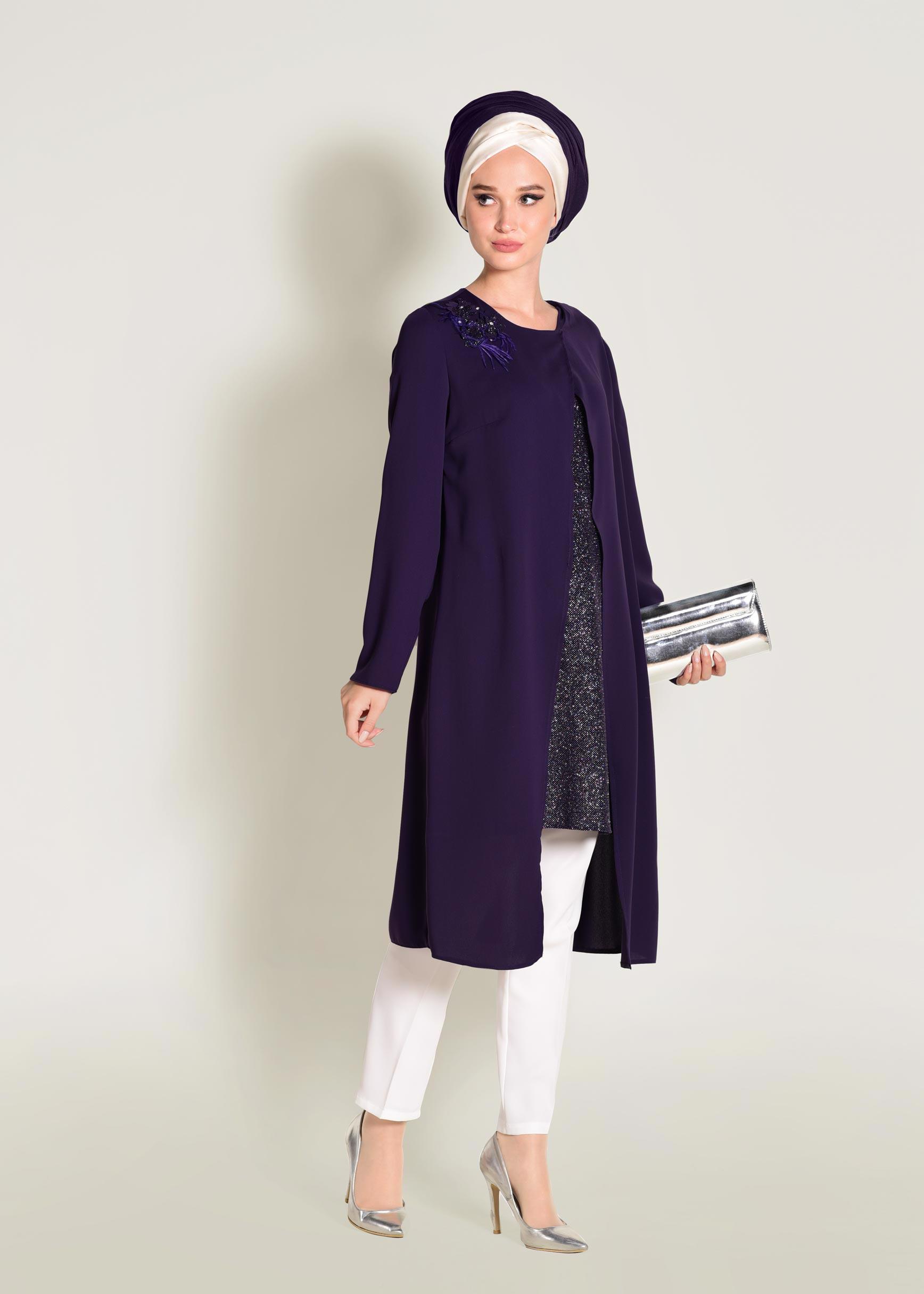 Tesettür giyim MOR SİMLİ ASİMETRİK KESİM TUNİK 4072