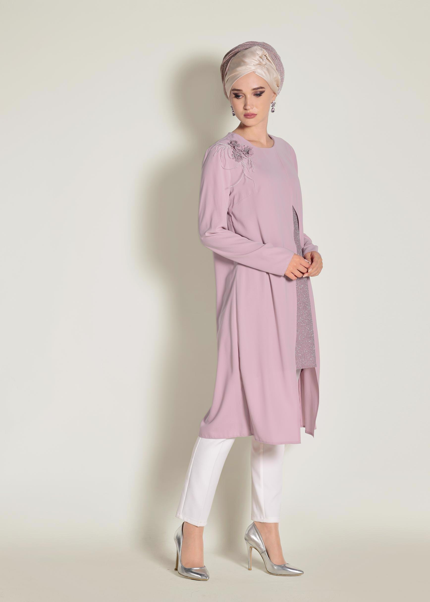 Tesettür giyim PUDRA SİMLİ ASİMETRİK KESİM TUNİK 4072