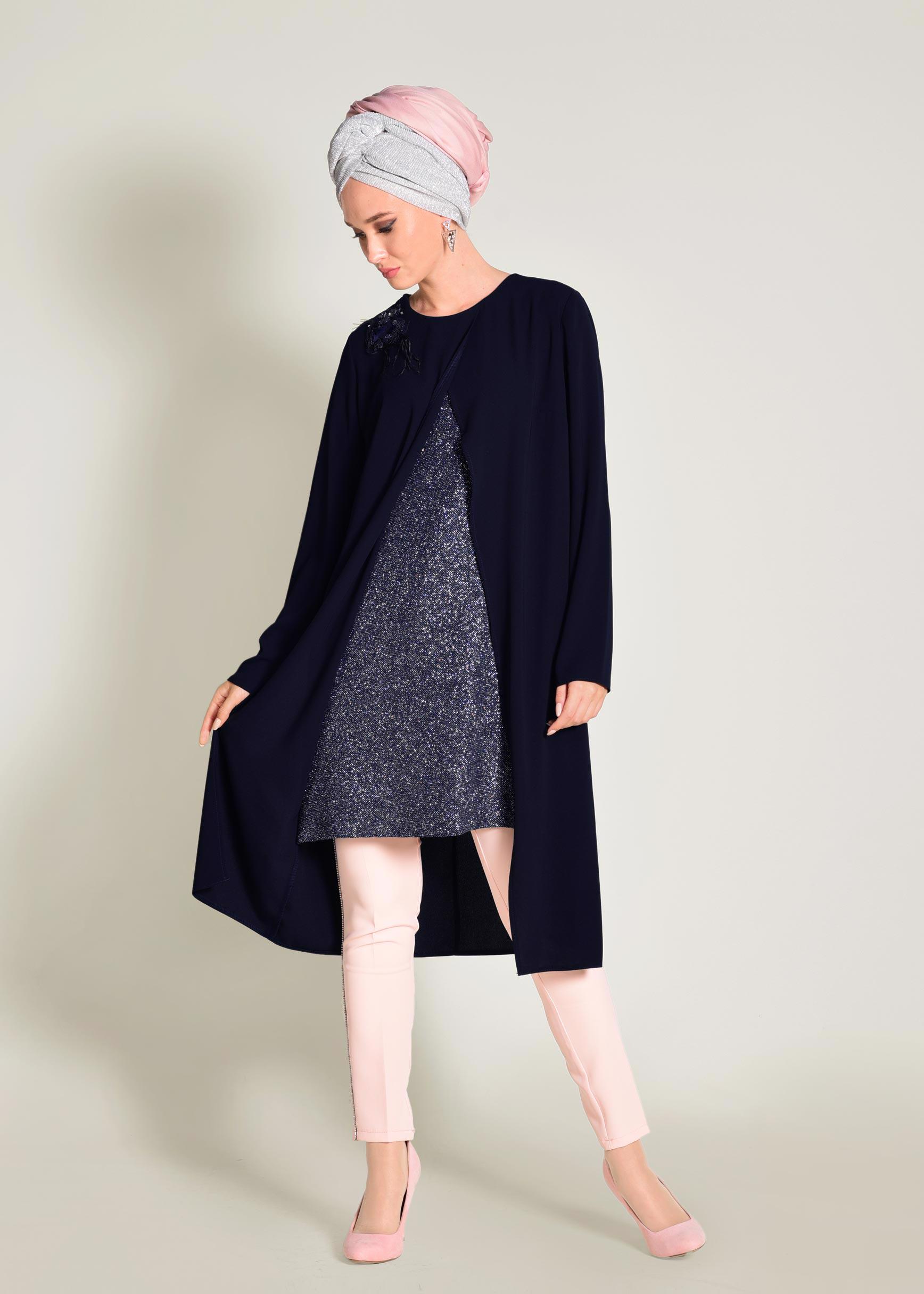Tesettür giyim LACİVERT SİMLİ ASİMETRİK KESİM TUNİK 4072